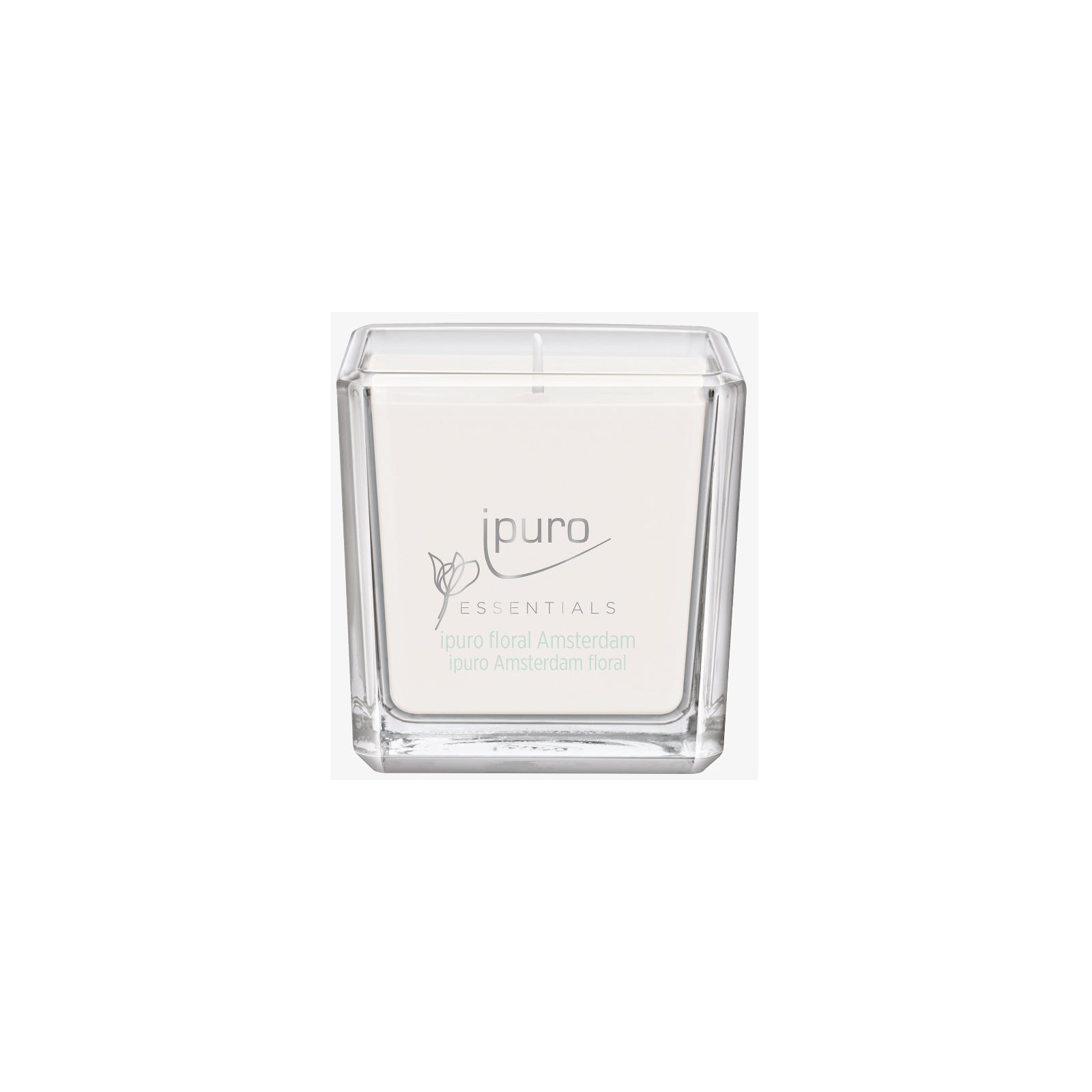 Die ESSENTIALS ipuro floral amsterdam Duftkerze von ipuro besteht aus einem klaren Glastopf mit weißem Wachs und einer modernen, minimalistischen Beschriftung, inspiriert vom Amsterdamer Blumenmarkt.