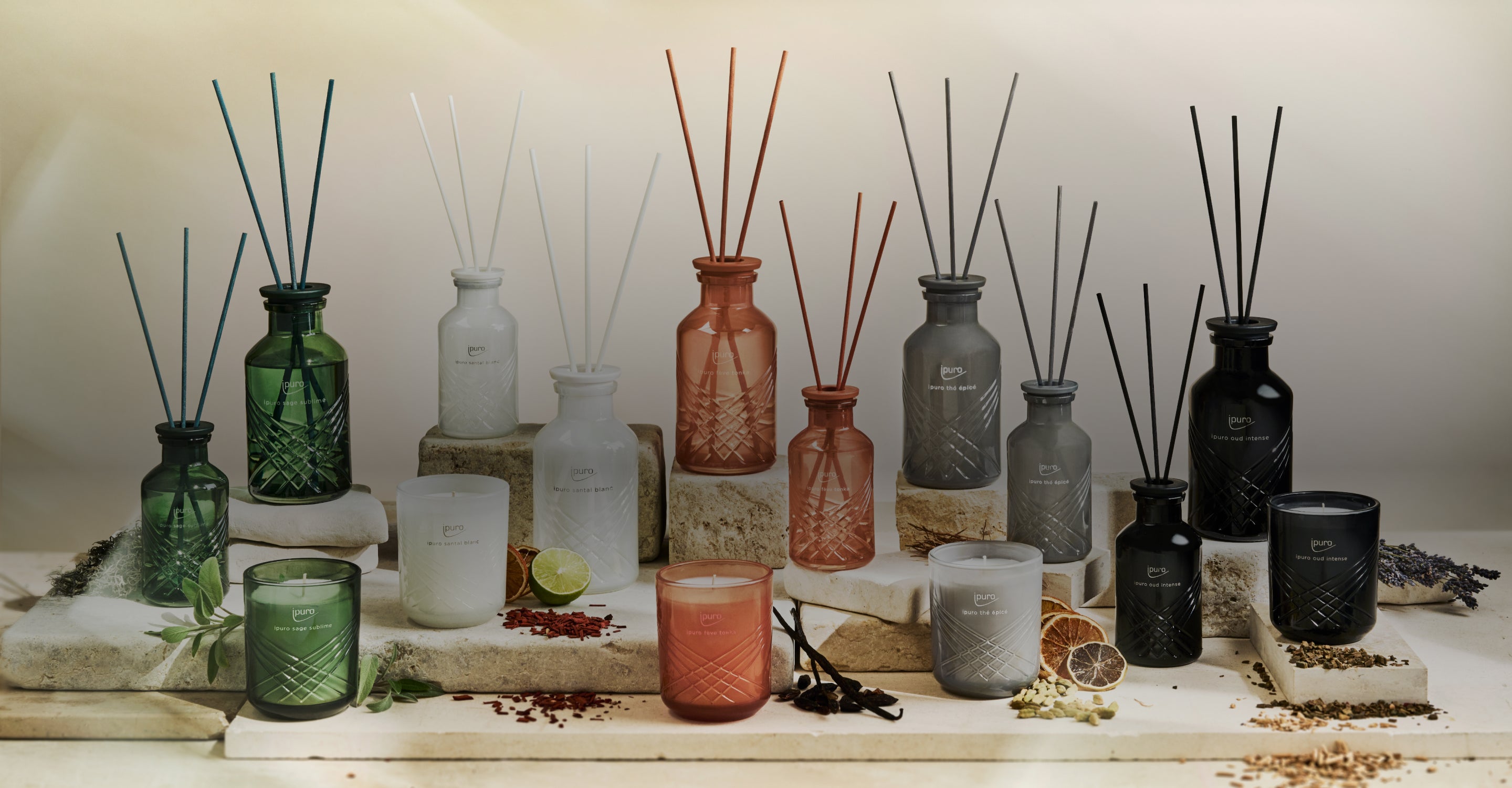 Eine Auslage mit farbenfrohen Glasdiffusoren und Kerzen mit geätzten Mustern, angeordnet auf Steinplatten, umgeben von getrockneten Pflanzen, Gewürzen und Zitrusscheiben. Die Diffusoren haben dünne Schilfrohre in verschiedenen Farben.