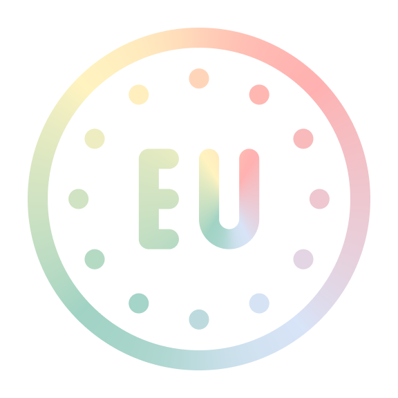 Ein pastellfarbenes, kreisförmiges Logo mit den Buchstaben EU in der Mitte, umgeben von kleinen Punkten, die in gleichmäßigen Abständen am inneren Rand des Kreises angeordnet sind. Der Farbverlauf umfasst sanfte Grün-, Rosa-, Gelb- und Blautöne.