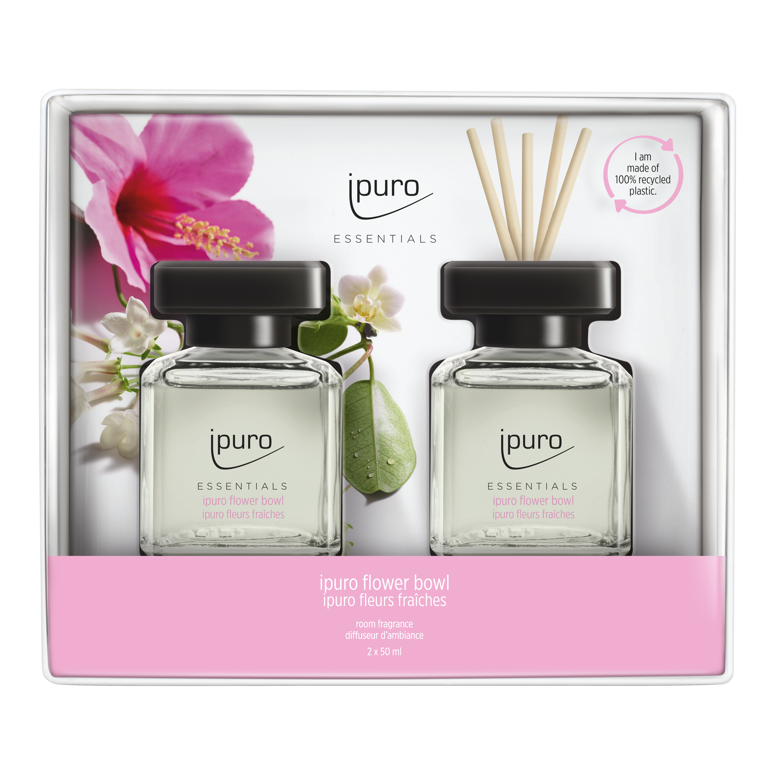 Das ipuro ESSENTIALS Blumenschale Raumduft-Set enthält zwei Raumduft-Diffusoren mit Schilfrohr, die eine blumige Note und Maiglöckchen enthalten. Die Verpackung besteht aus 100% recyceltem Kunststoff.