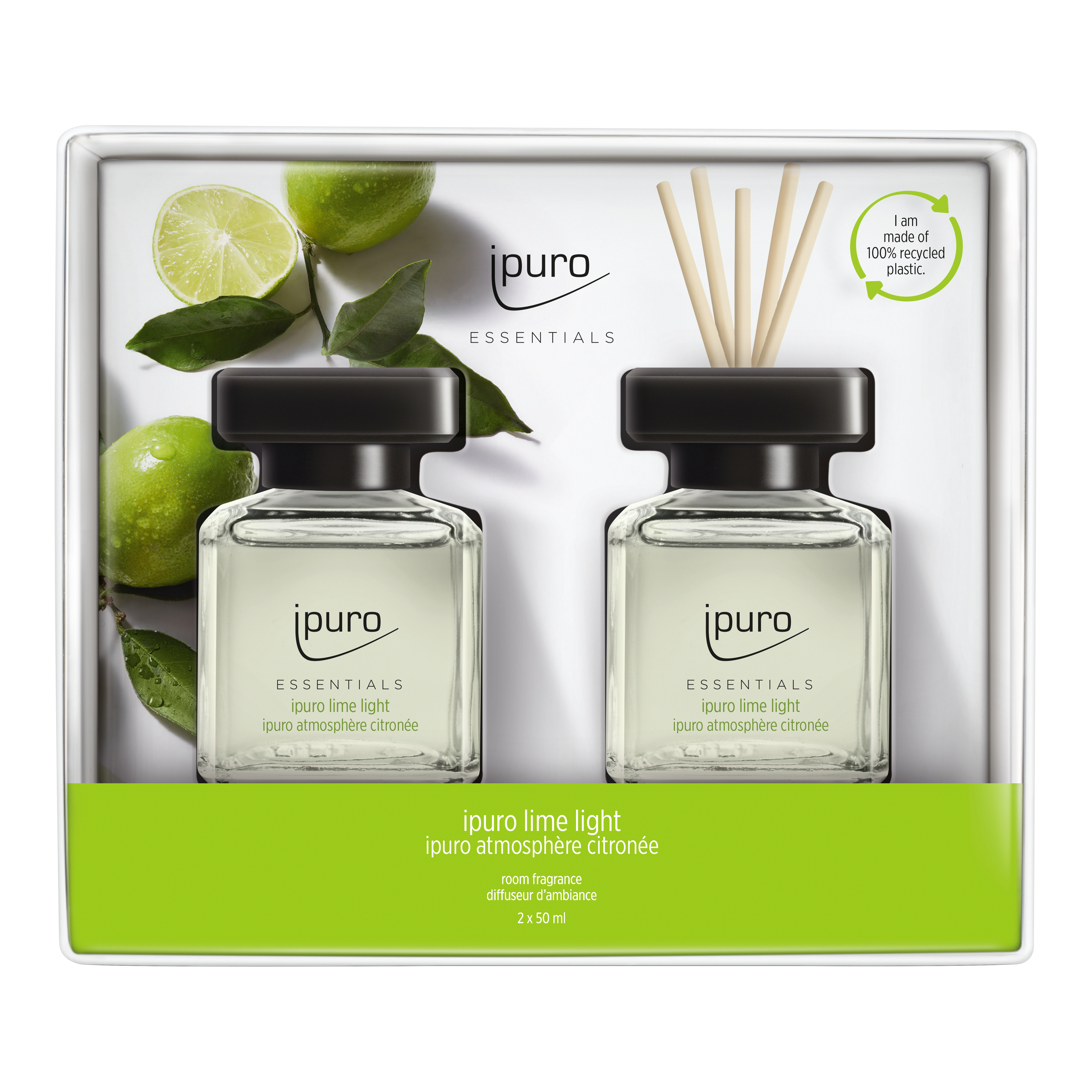 Das ESSENTIALS ipuro lime light Raumduft-Set von ipuro enthält zwei Raumduftflaschen mit Schilfrohrstäbchen. Es ist mit ätherischen Ölen und frischem Limettenduft ausgestattet und wird in einer umweltfreundlichen Verpackung mit Limetten und grünem Blätterdesign geliefert.