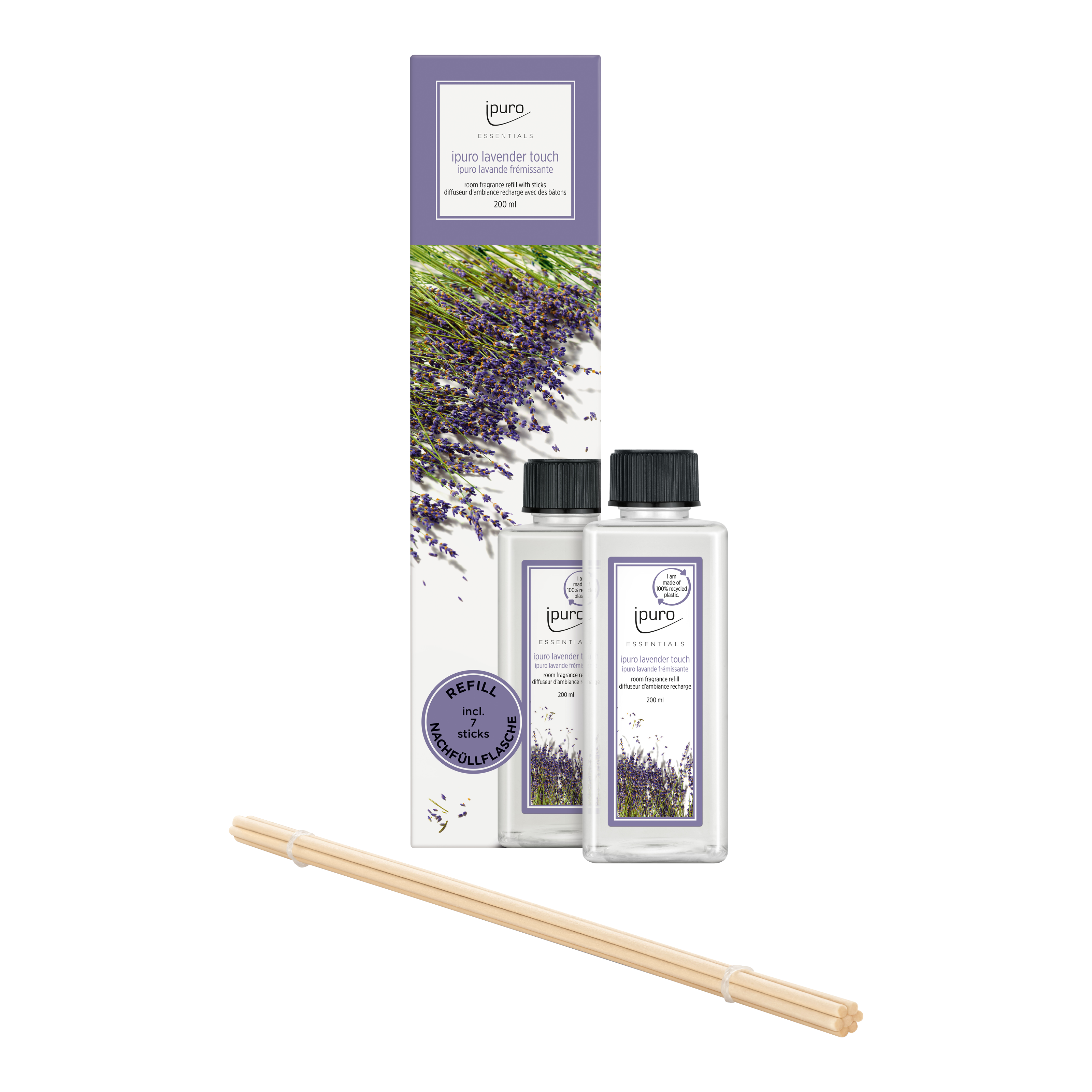 Der ESSENTIALS ipuro lavender touch Raumduft-Nachfüller von ipuro besteht aus einer 200ml-Flasche mit Lavendel-Etikett, einer hohen Schachtel mit Lavendel-Grafik und davor gebündelten Schilfstäbchen.