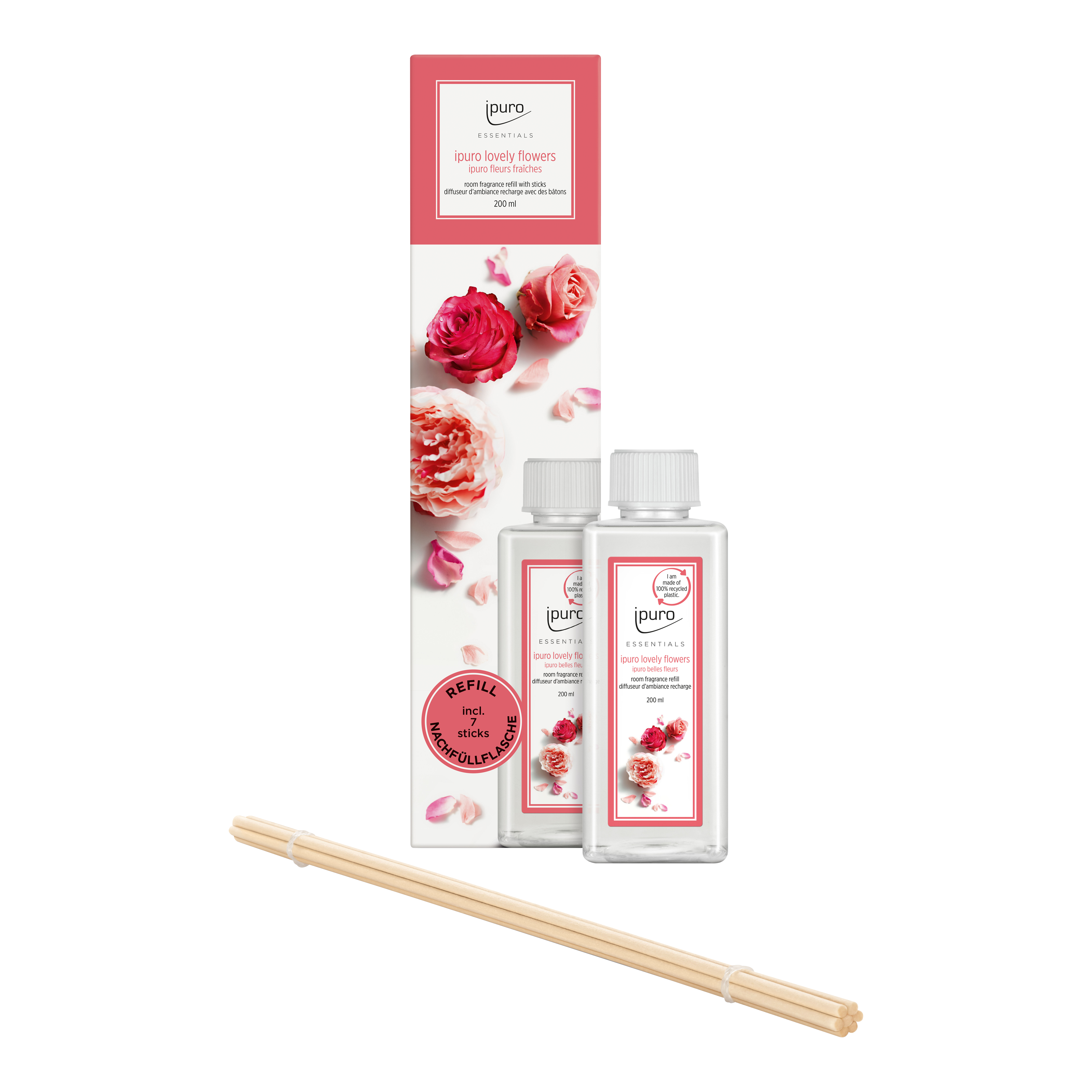Der ESSENTIALS ipuro lovely flowers Raumduft-Nachfüller von ipuro enthält zwei klare Nachfüllpackungen mit Blumenetikett, eine elegante rosa Blumenbox und Stäbchen. Sein Duft ist eine Mischung aus Rosen- und Maiglöckchennoten für ein frisches Ambiente.