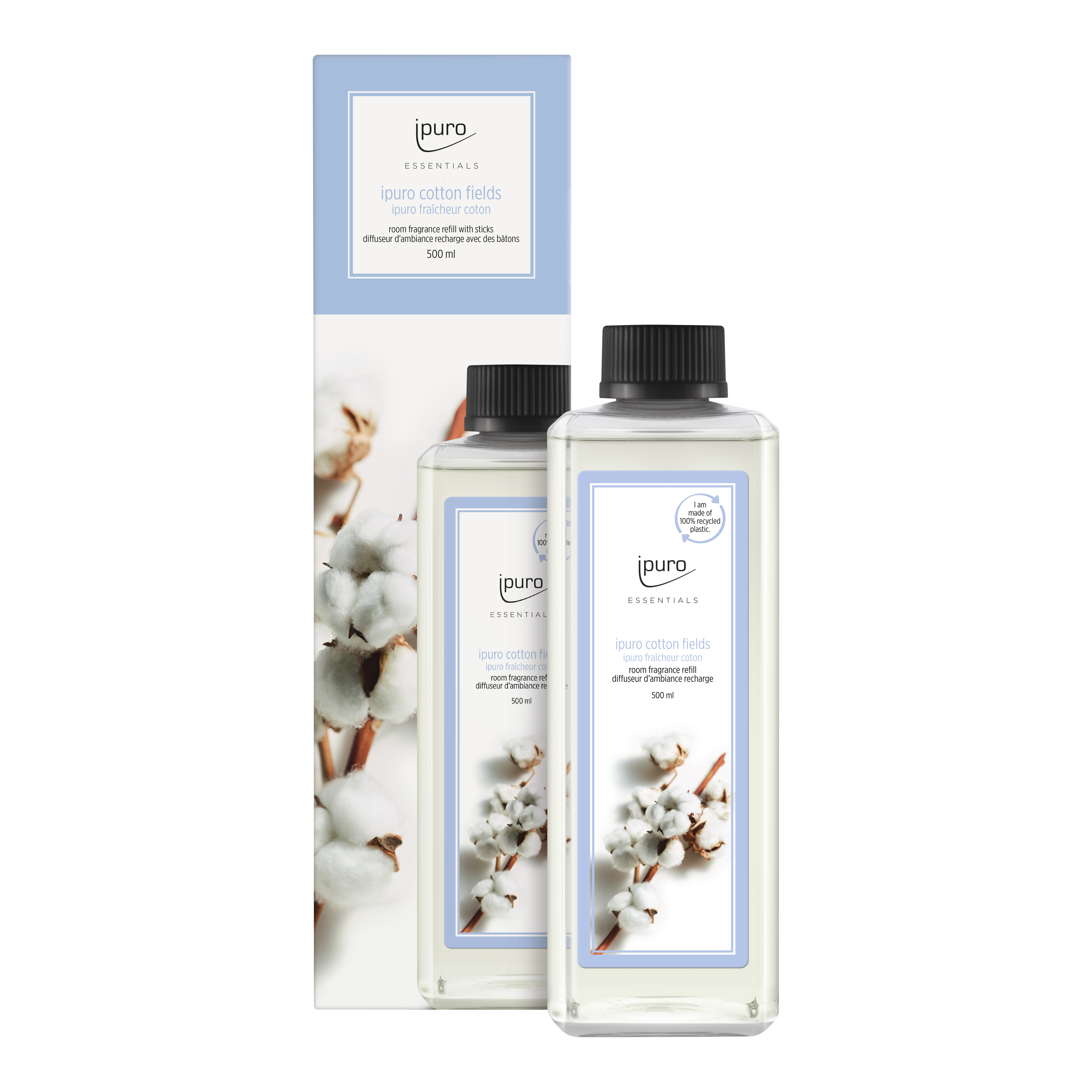 Die ipuro ESSENTIALS Baumwollfelder Raumduft-Nachfüller (500 ml) schaffen mit ihrem pudrigen Duft eine angenehme Atmosphäre. Die hellblau-weiße Verpackung zeigt Baumwollblüten, die den frischen Duft widerspiegeln.