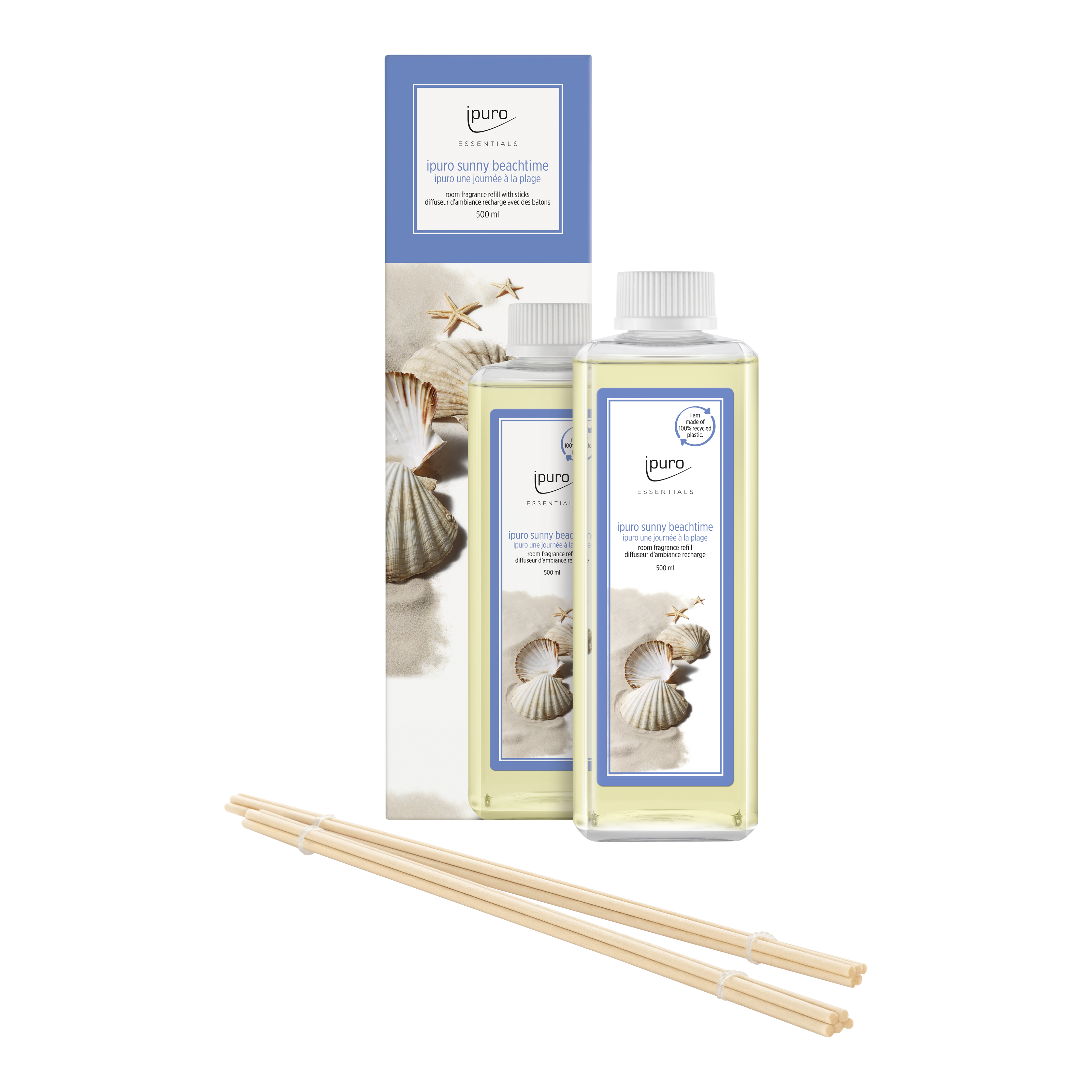 Der ESSENTIALS ipuro sunny beachtime Raumduft-Nachfüller von ipuro enthält Jasmin-Noten und wird mit einer Box mit Strandmotiv, dekorativen Muscheln und drei hölzernen Diffusorstäbchen geliefert.