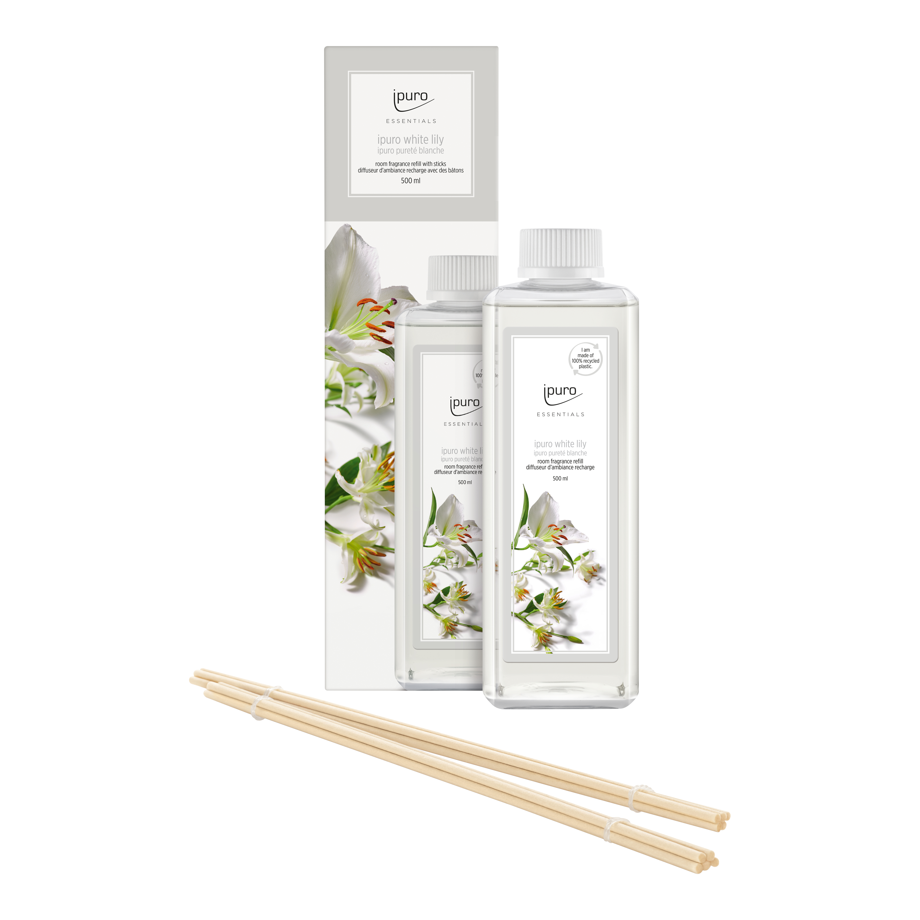 Der ESSENTIALS ipuro white lily Raumduft-Nachfüller von ipuro kommt in einem klaren Flakon mit floralem Design, passender Box und Diffusorblättern. Es verströmt einen zarten Blumenduft, der an Maiglöckchen und zarte weiße Blüten erinnert.
