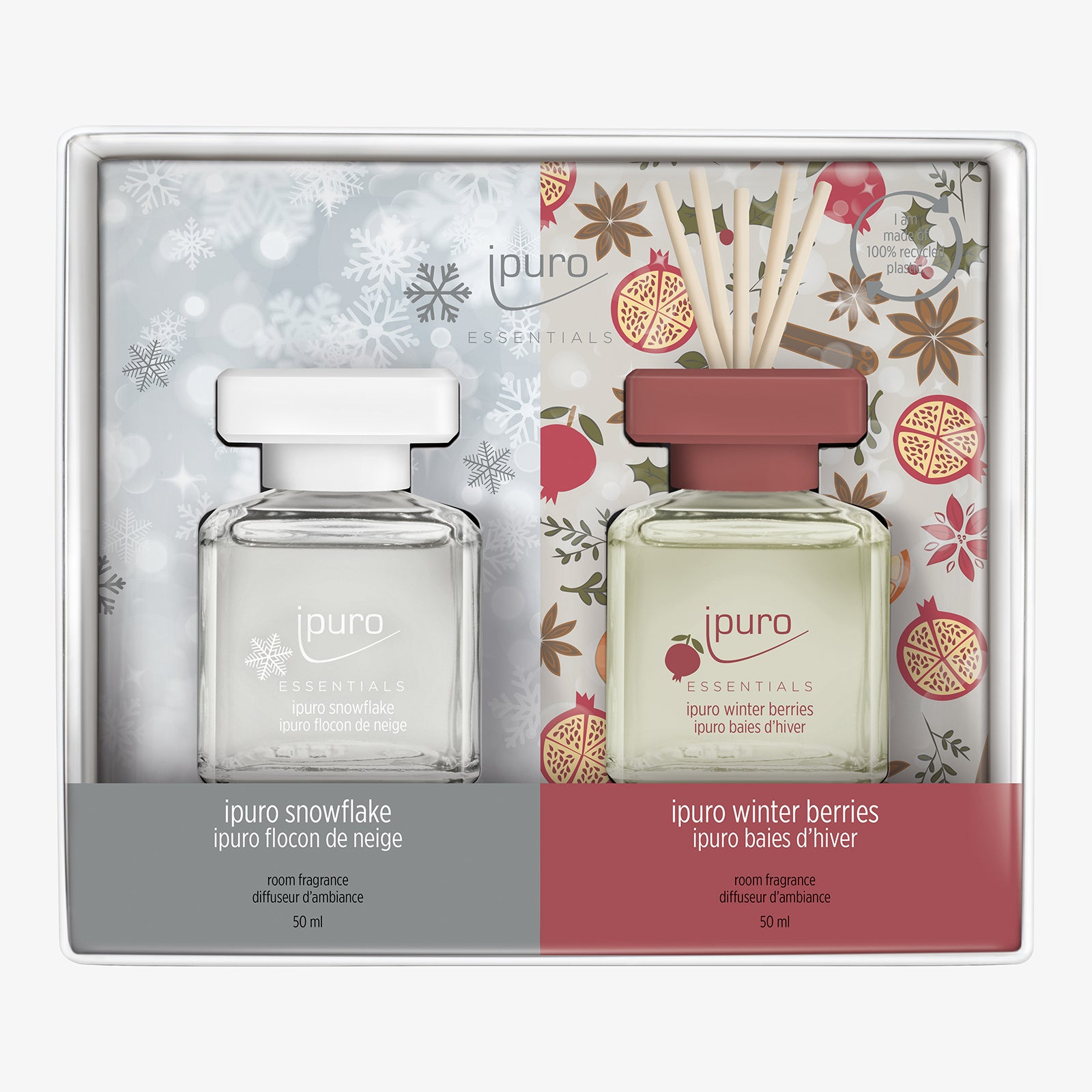 Die ipuro ESSENTIALS Raumduft-Set Snowflake & Winter Berries Geschenkbox enthält zwei Raumdüfte: Snowflake mit weißer Kappe und winterlichem Design und Winter Berries mit roter Kappe und Beerenmotiv.