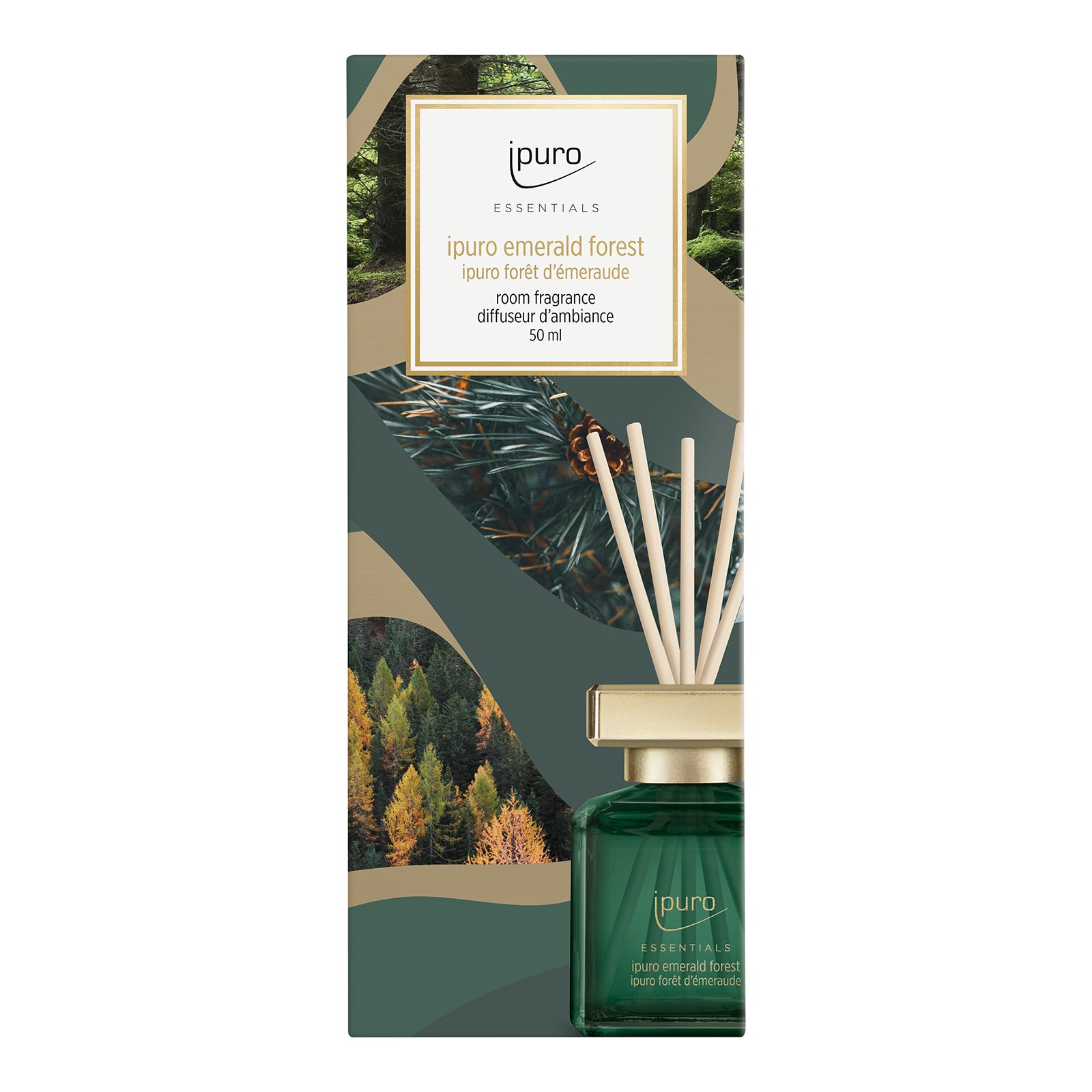 Eine Schachtel ESSENTIALS ipuro Emerald Forest Raumduft von ipuro mit grünem und goldenem Waldmotiv und einem kleinen grünen Flakon mit Lavendel- und Eukalyptusnoten, die durch die Vorderseite der Verpackung sichtbar sind.