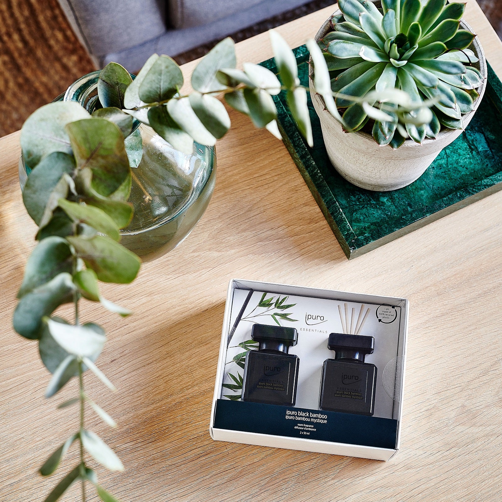 Ein Holztisch mit einer getopften Sukkulente, eine Glasvase mit Eukalyptus und das ipuro ESSENTIALS Raumduft-Set aus schwarzem Bambus für frischen grünen Duft.