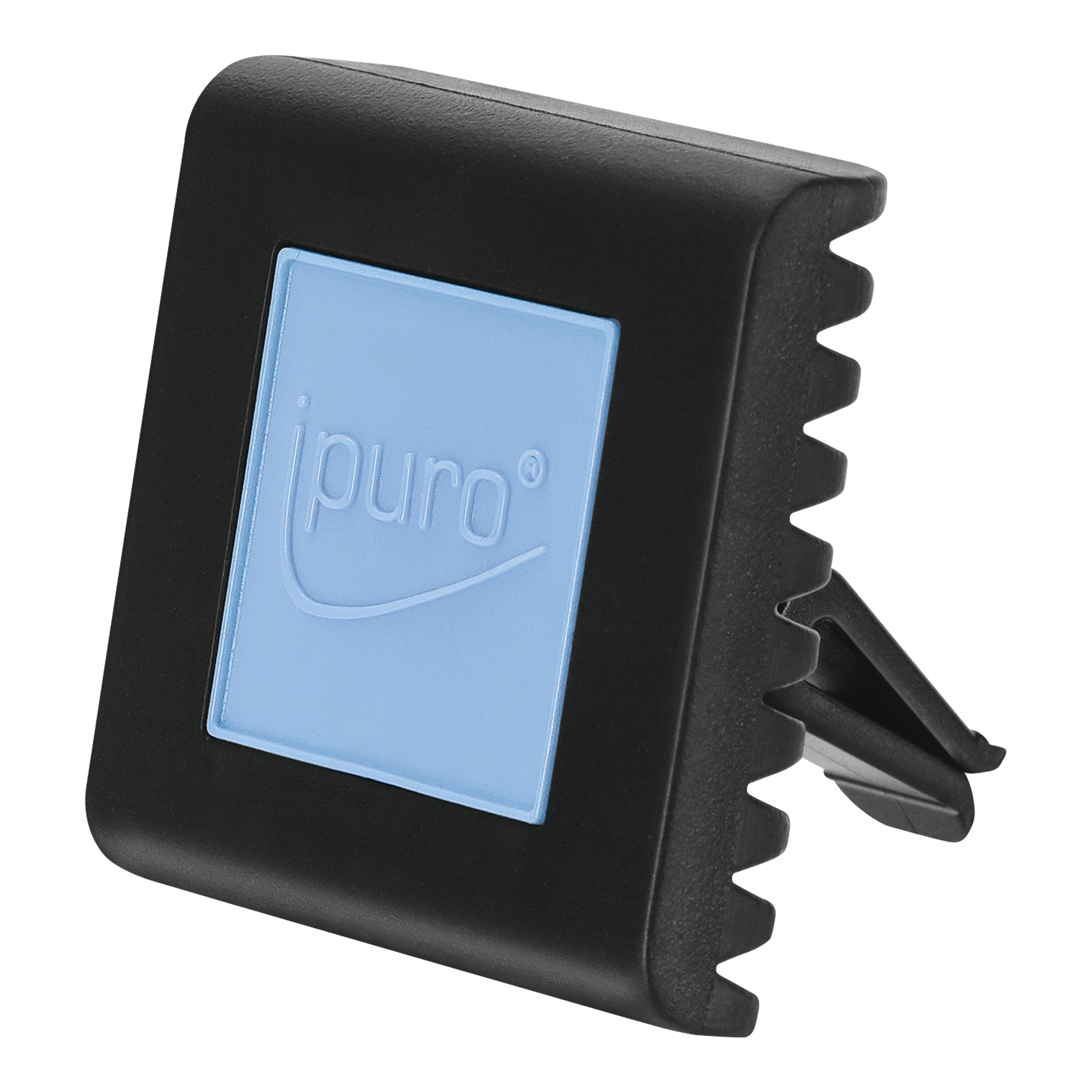 Der ESSENTIALS ipuro Baumwollfelder Autoduft von ipuro ist ein schwarzer Auto-Lufterfrischer-Clip mit blauem, quadratischem Zentrum und weißem ipuro-Logo, der mit eleganten Zedernholznoten für eine raffinierte Fahrt sorgt. Die seitliche Clipbefestigung ist sichtbar.
