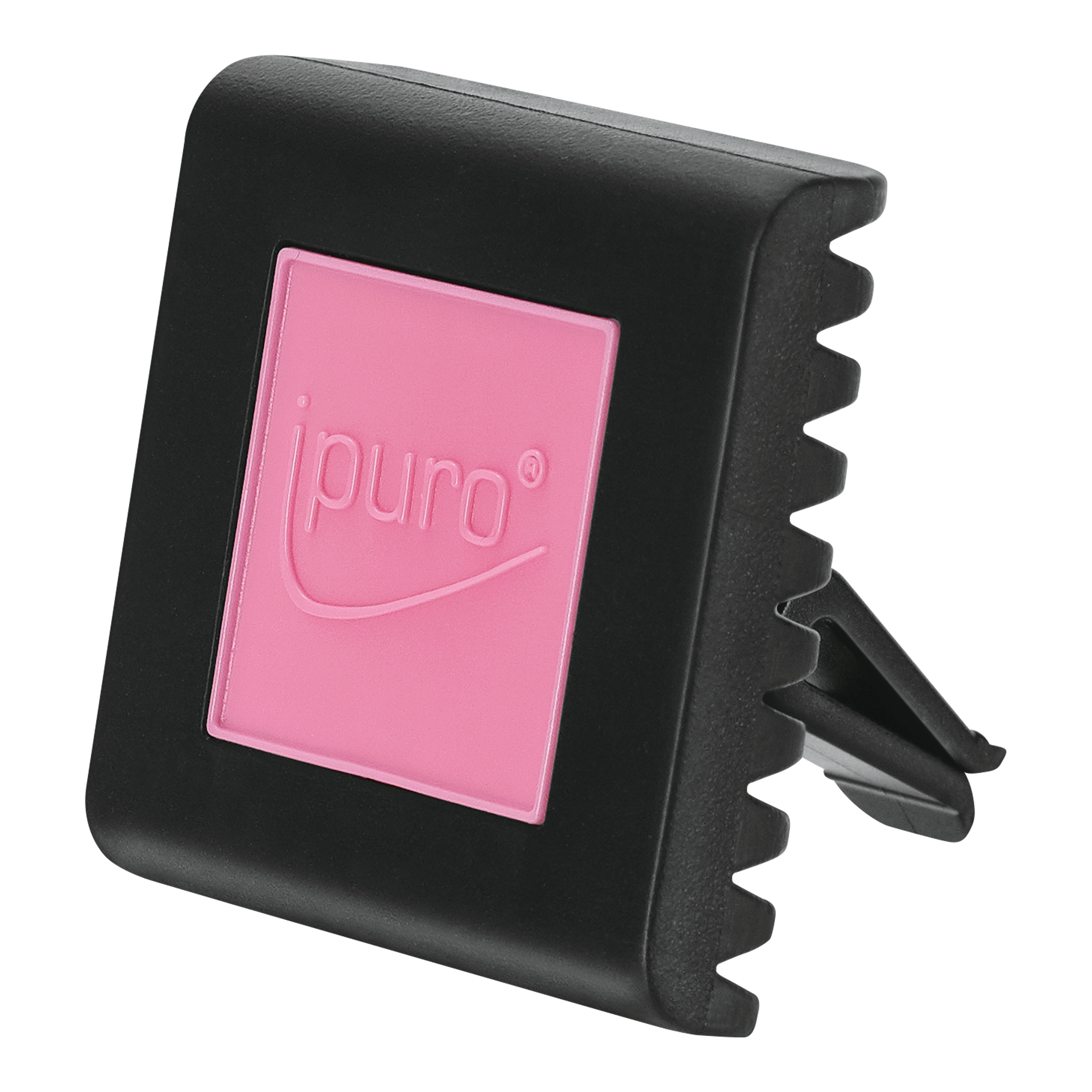 Die ESSENTIALS ipuro flower bowl Autoduft von ipuro ist ein schwarzer, quadratischer Autoduft-Clip mit rosafarbenem Zentrum und Logo, der Ihr Auto mit einer blumigen Jasminnote erfüllt.