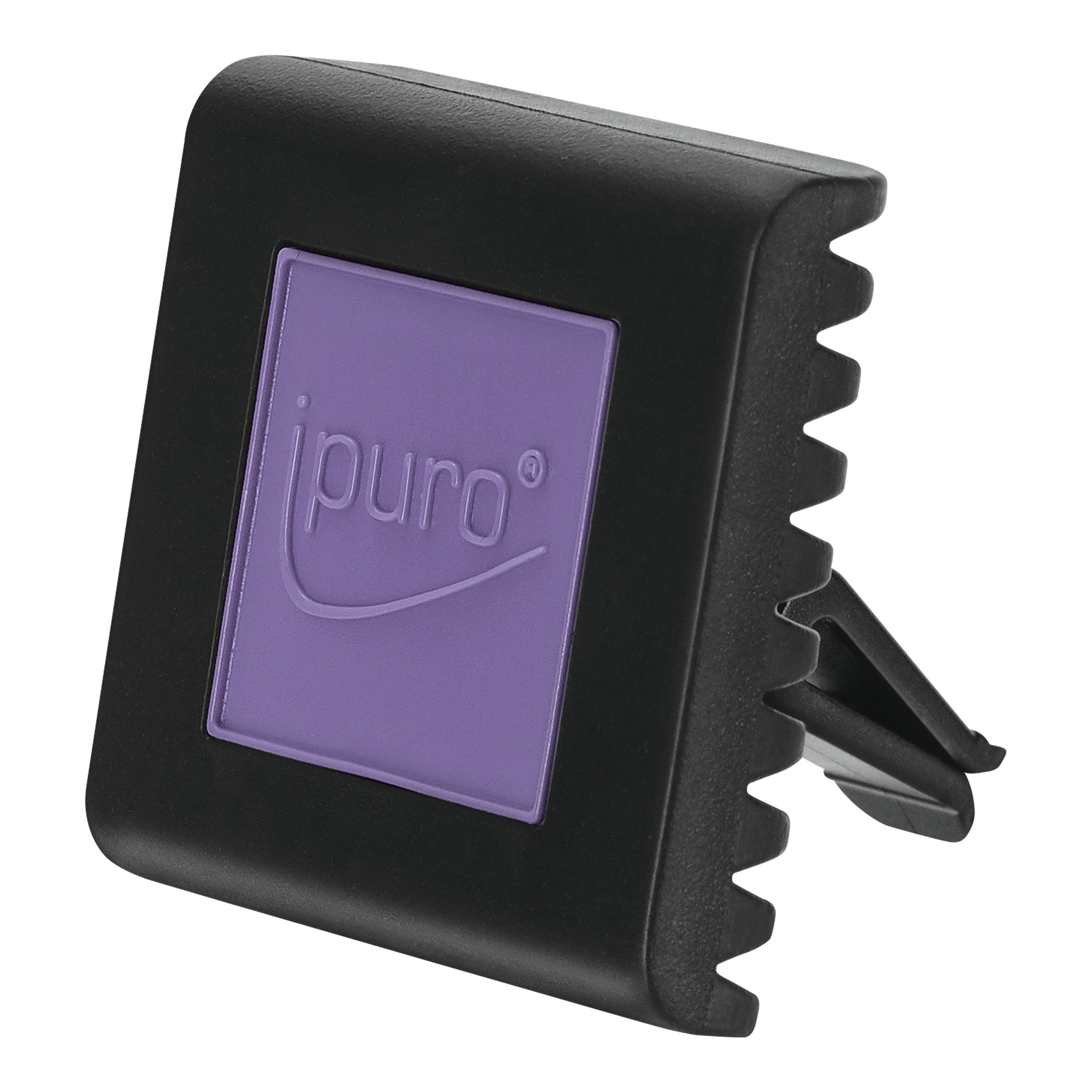 Der ESSENTIALS ipuro lavender touch Autoduft von ipuro ist ein schwarzer, quadratischer Autoduft-Clip mit einem violetten Logo in der Mitte, der Ihre Fahrt mit einem entspannenden Lavendelduft erfüllt.