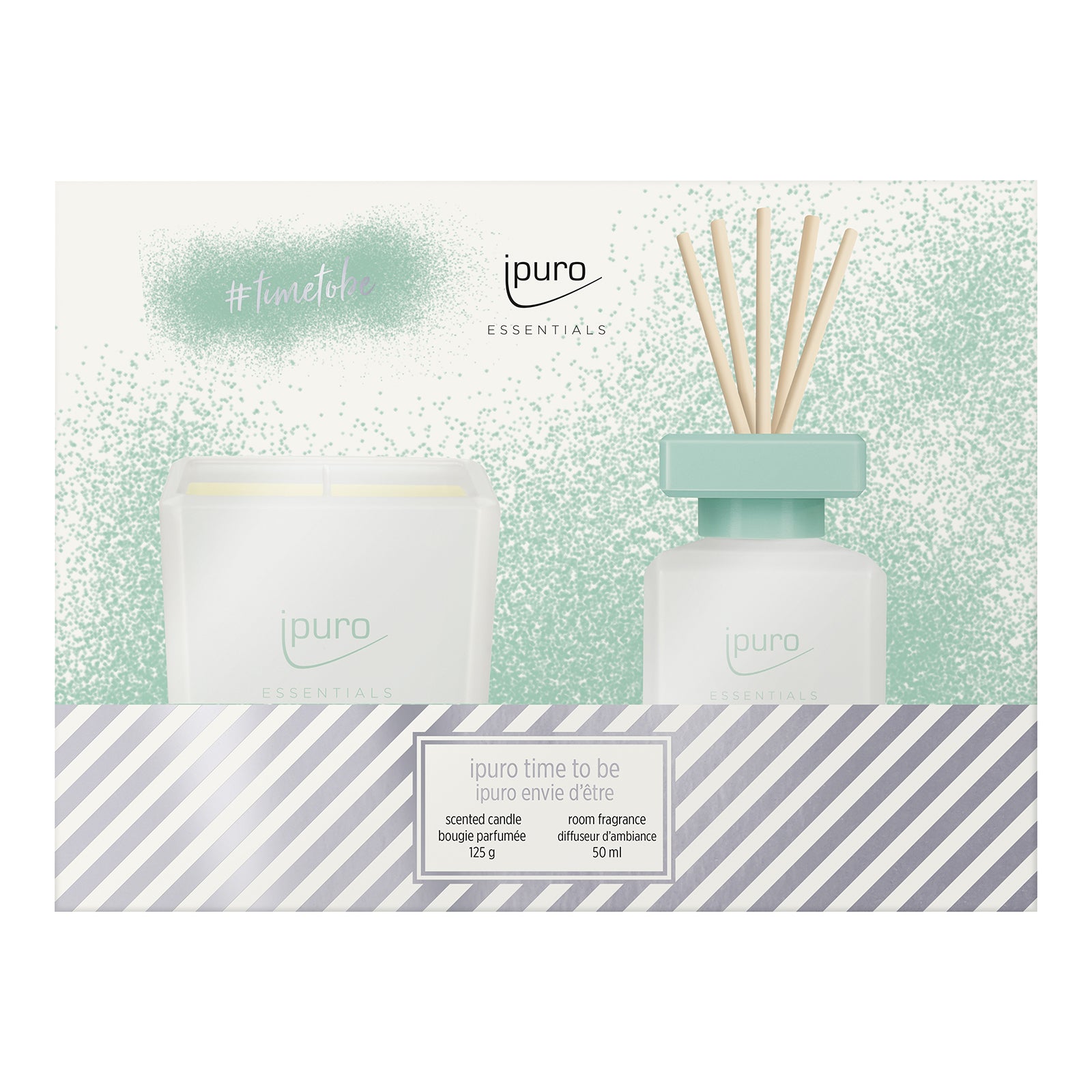 Das ESSENTIALS ipuro time to be Geschenk-Set von ipuro umfasst eine Duftkerze und einen Schilfrohrdiffusor in Weiß mit mintgrünen Akzenten und frischem Zitrusduft, präsentiert in einer passenden Geschenkbox - perfekt zum Entspannen.