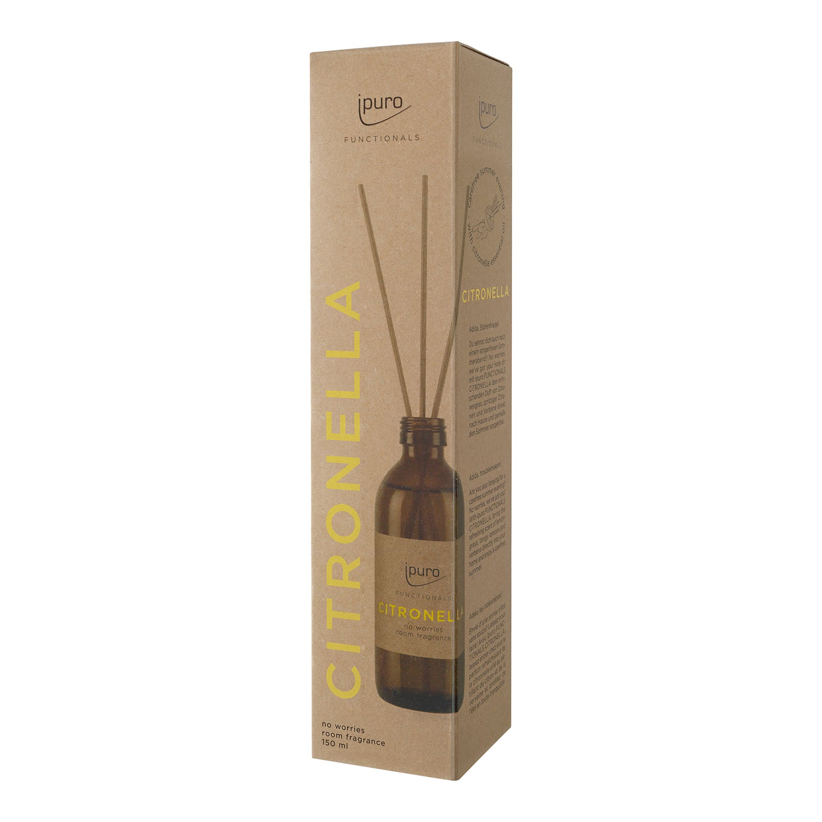 Ein Karton mit FUNCTIONALS ipuro citronella Raumduft von ipuro, der eine braune Flasche mit Diffusorstäbchen enthält. Die braune Verpackung zeigt ein gelbes und weißes Branding und hebt den frischen Citronella-Duft hervor.