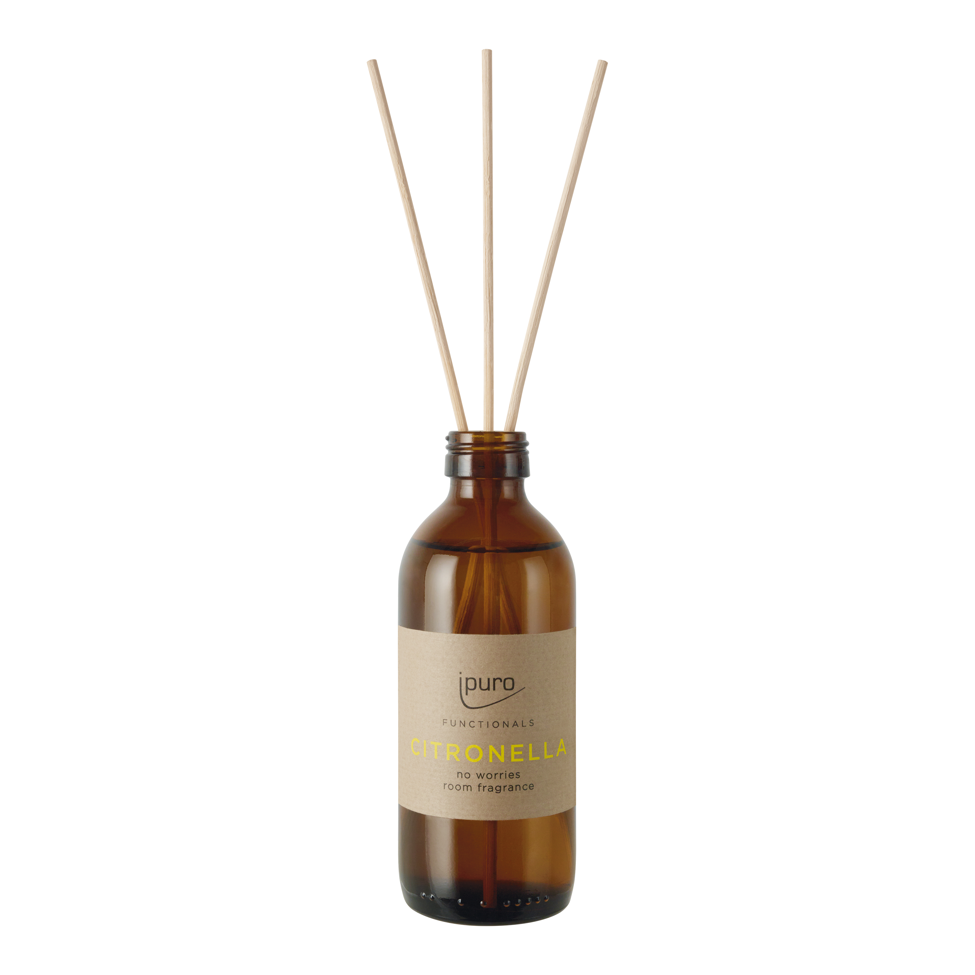 Eine braune Glasflasche mit der Aufschrift ipuro citronella Raumduft von ipuro, enthält drei Diffusorstäbchen. Das hellbraune Etikett mit schwarzem und gelbem Text zeigt erfrischende Zitronengras- und Verbene-Düfte für Raumduft.
