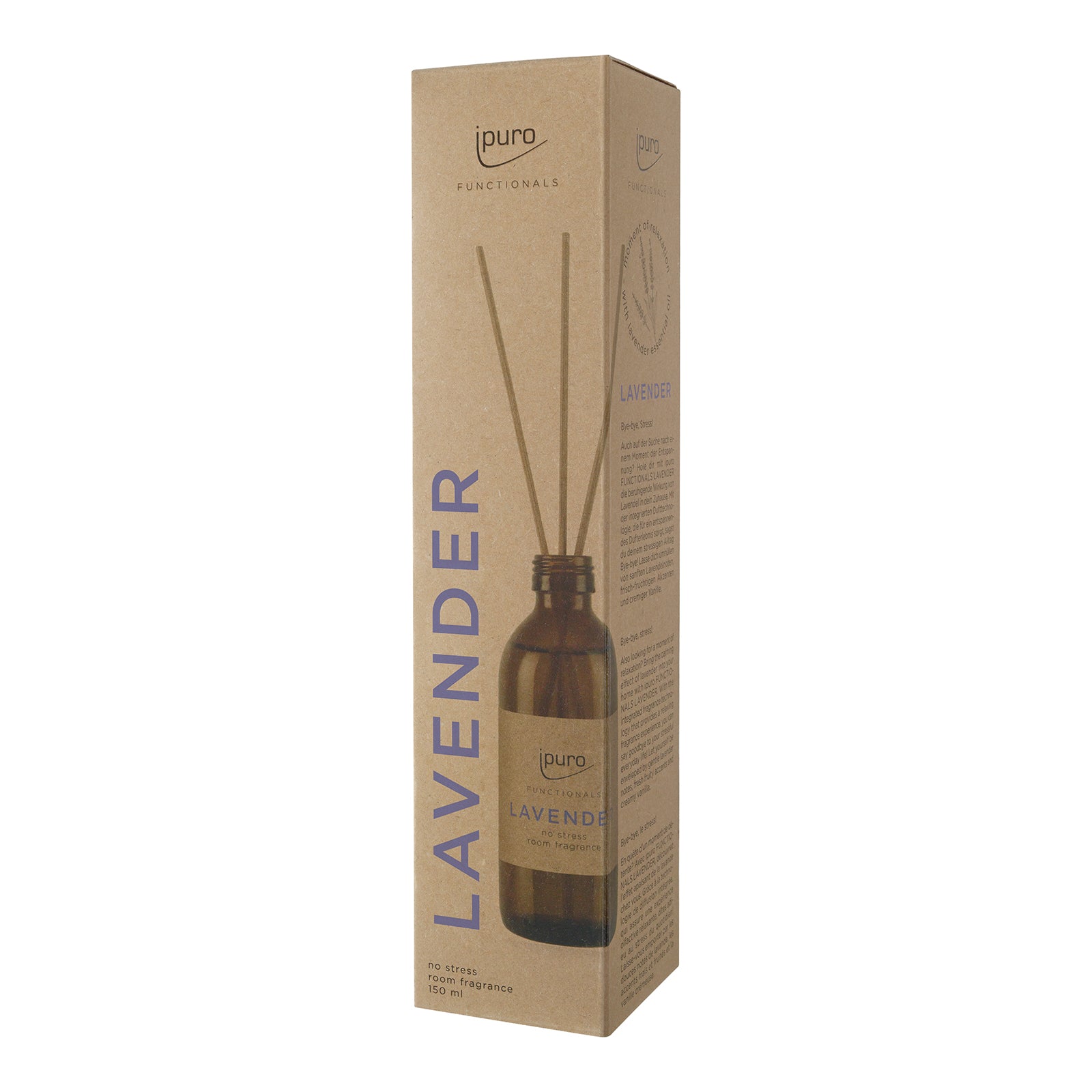 Der ipuro FUNCTIONALS lavender Raumduft von ipuro wird in einer Pappschachtel mit einer braunen Glasflasche und Stäbchen geliefert. "LAVENDER" erscheint vertikal in kräftigem Lila und bietet ein entspannendes Dufterlebnis.