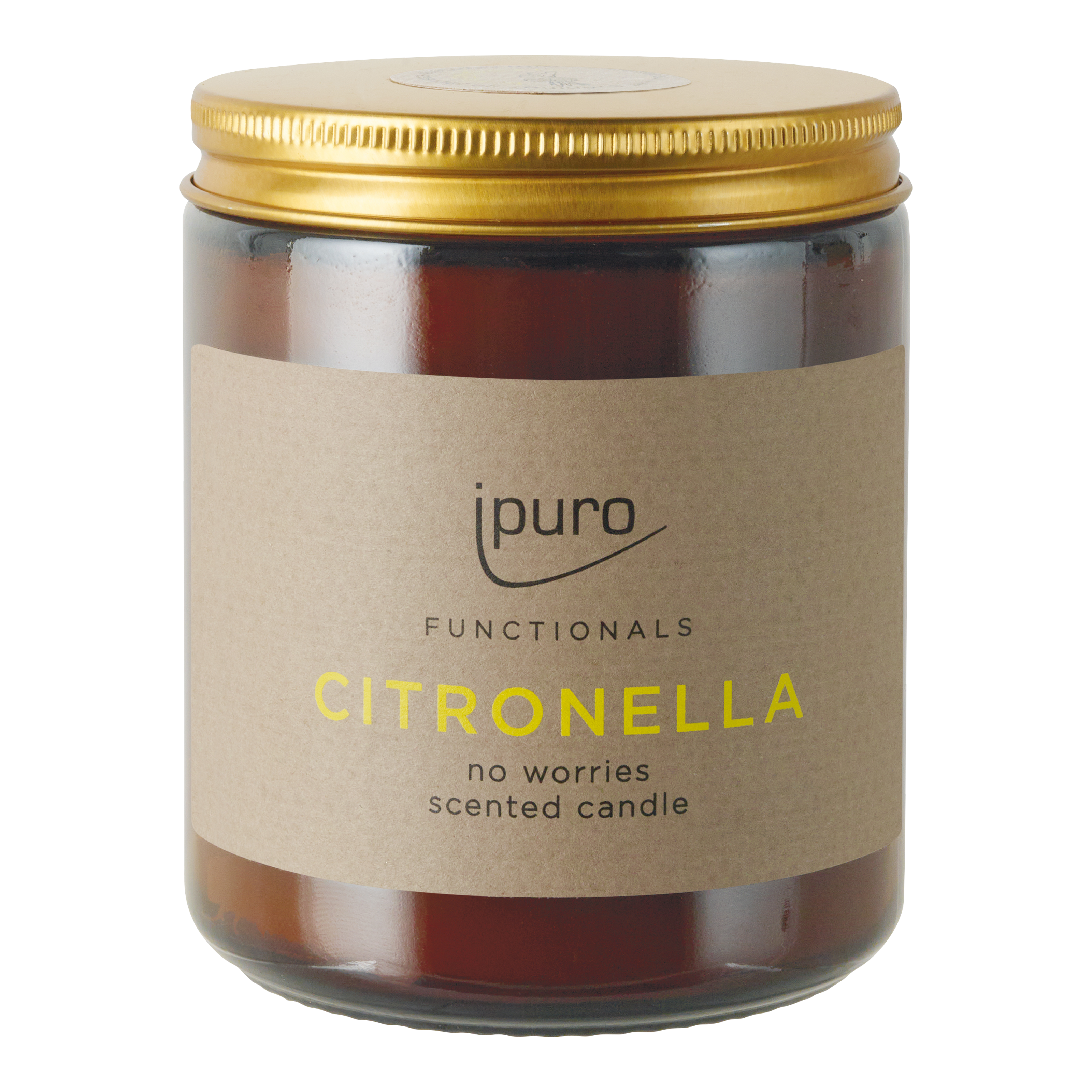 Ein brauner Glastopf mit einem goldenen Deckel mit der Aufschrift ipuro FUNCTIONALS citronella Duftkerze. Das beigefarbene Etikett mit gelber und schwarzer Schrift hebt den frischen Citronella-Duft mit einem Hauch von Zitronengras der Marke ipuro hervor.