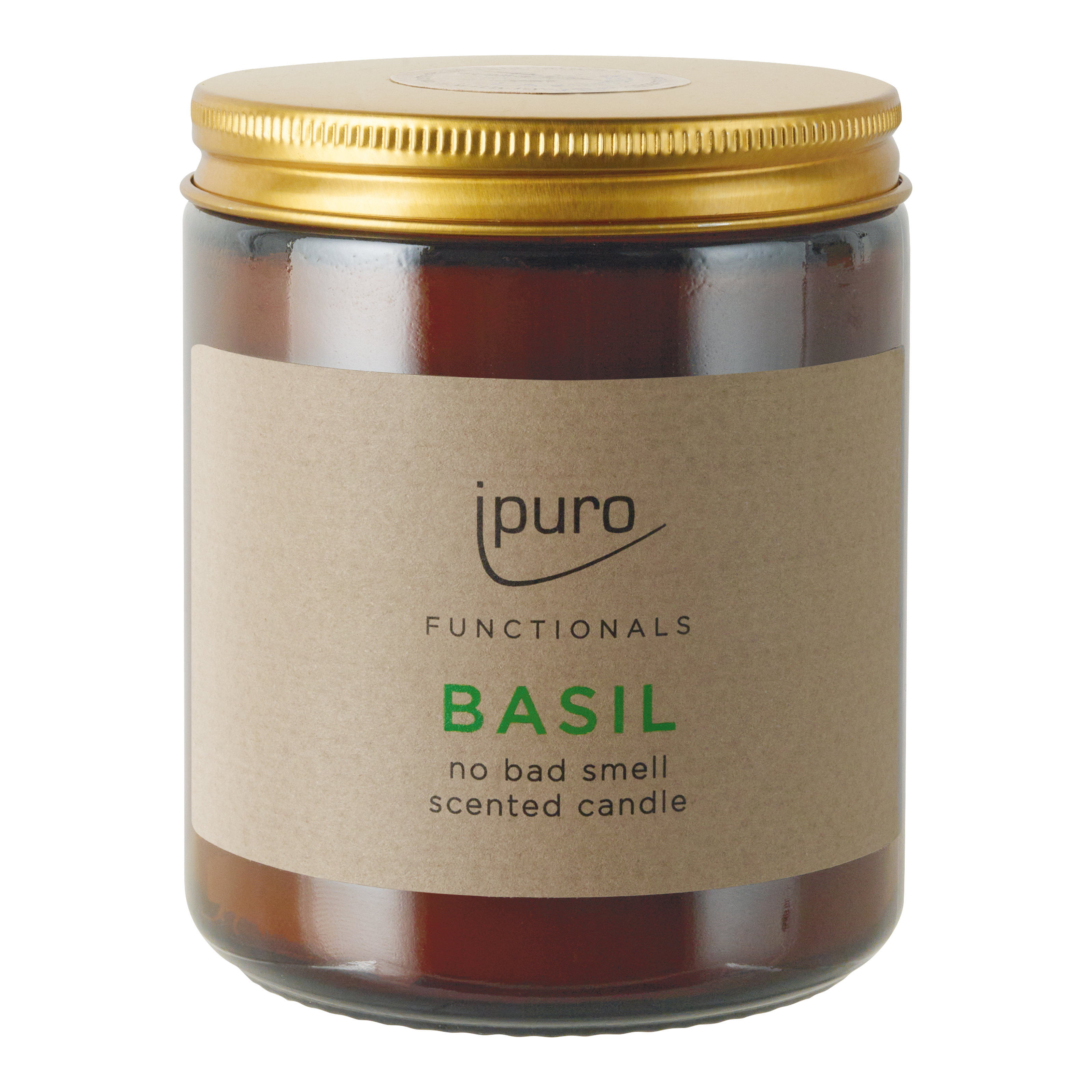 Die ipuro FUNCTIONALS basil Duftkerze ist eine braune Kerze in einem Glasgefäß mit goldenem Deckel, entworfen mit Dufttechnologie gegen Gerüche. Sie bietet einen frischen Küchenduft, der Ihren Raum aufwertet.