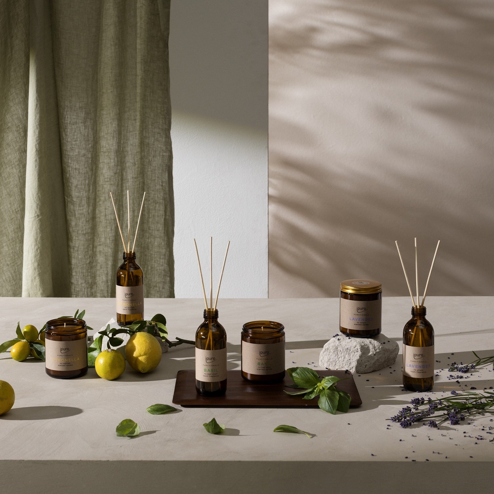Braunglasflaschen, ipuro FUNCTIONALS Basilikum-Duftkerzen und Diffusoren werden mit Zitronen, Basilikumblättern und Lavendel auf einer hellen Fläche vor einem neutralen Hintergrund in sanftem Tageslicht präsentiert.