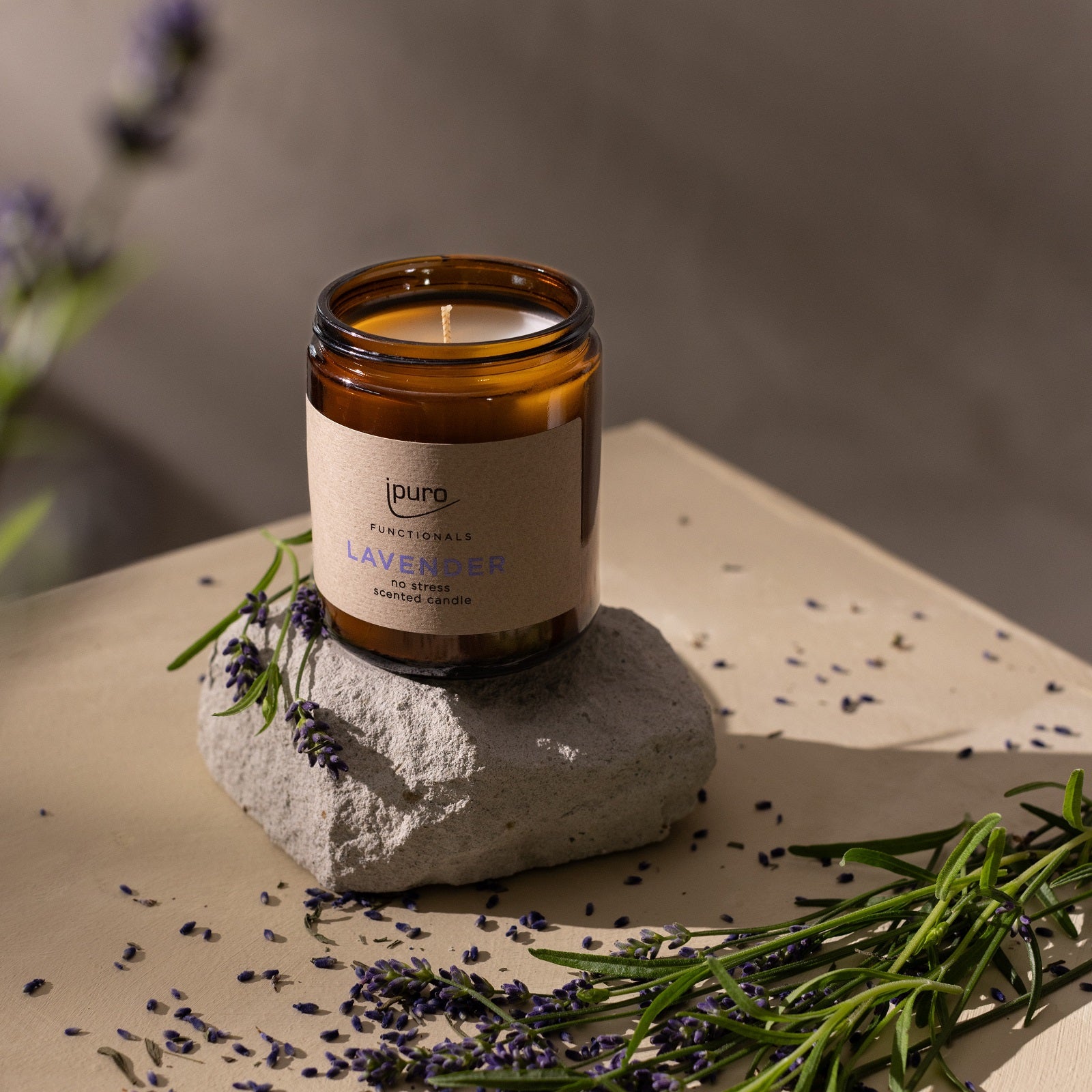Eine ipuro FUNCTIONALS ipuro Lavendelduftkerze in einem braunen Glasgefäß ruht auf einer grauen Steinplatte mit frischen Lavendel-Raumduft-Zweigen und verstreuten Blütenblättern, sanft beleuchtet von natürlichem Licht auf einer beigen Fläche.