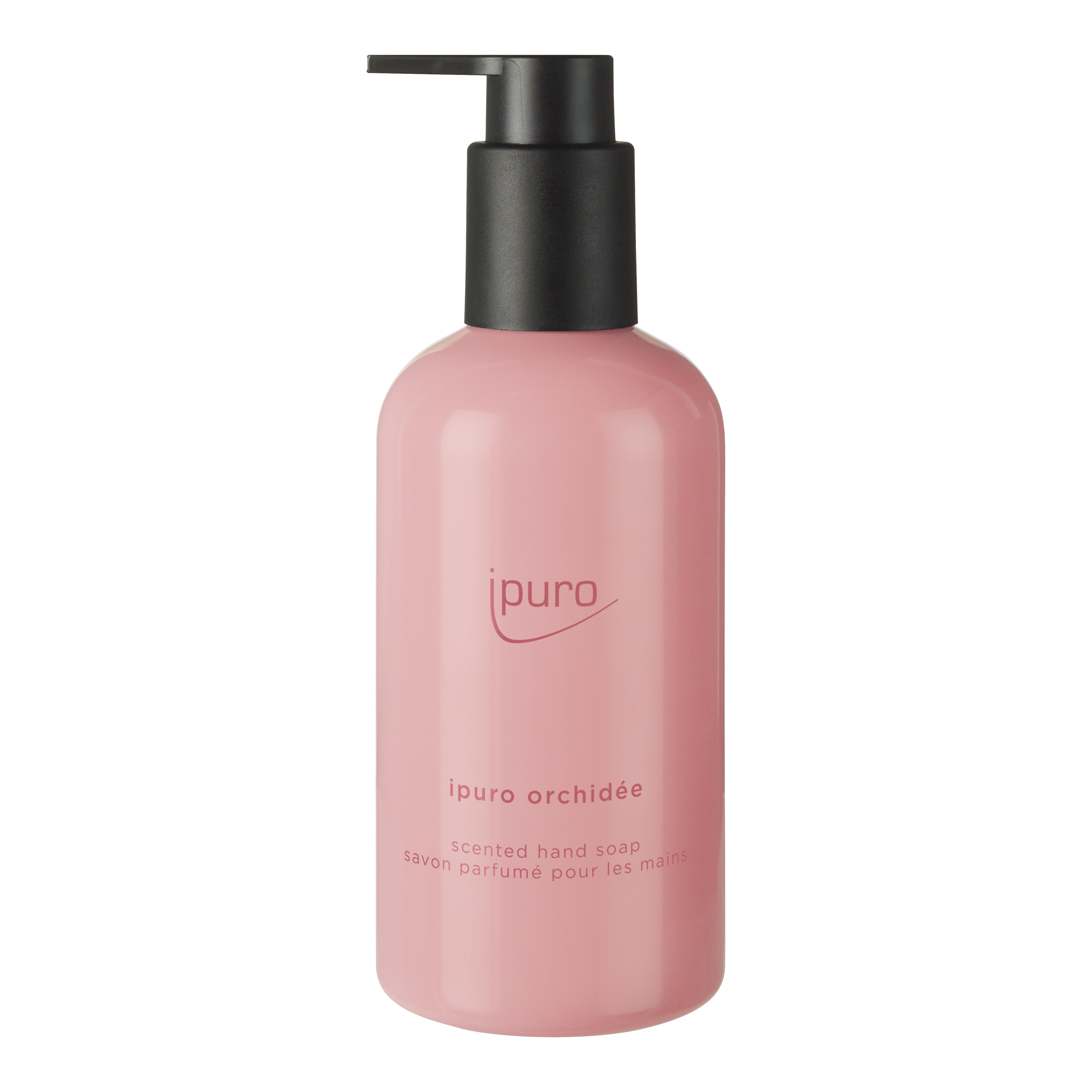 Ein rosa CLASSIC ipuro orchidée Handseife von ipuro mit Maiglöckchen-Noten, schwarzem Pumpspender und einem einfachen englischen und französischen Etikett.