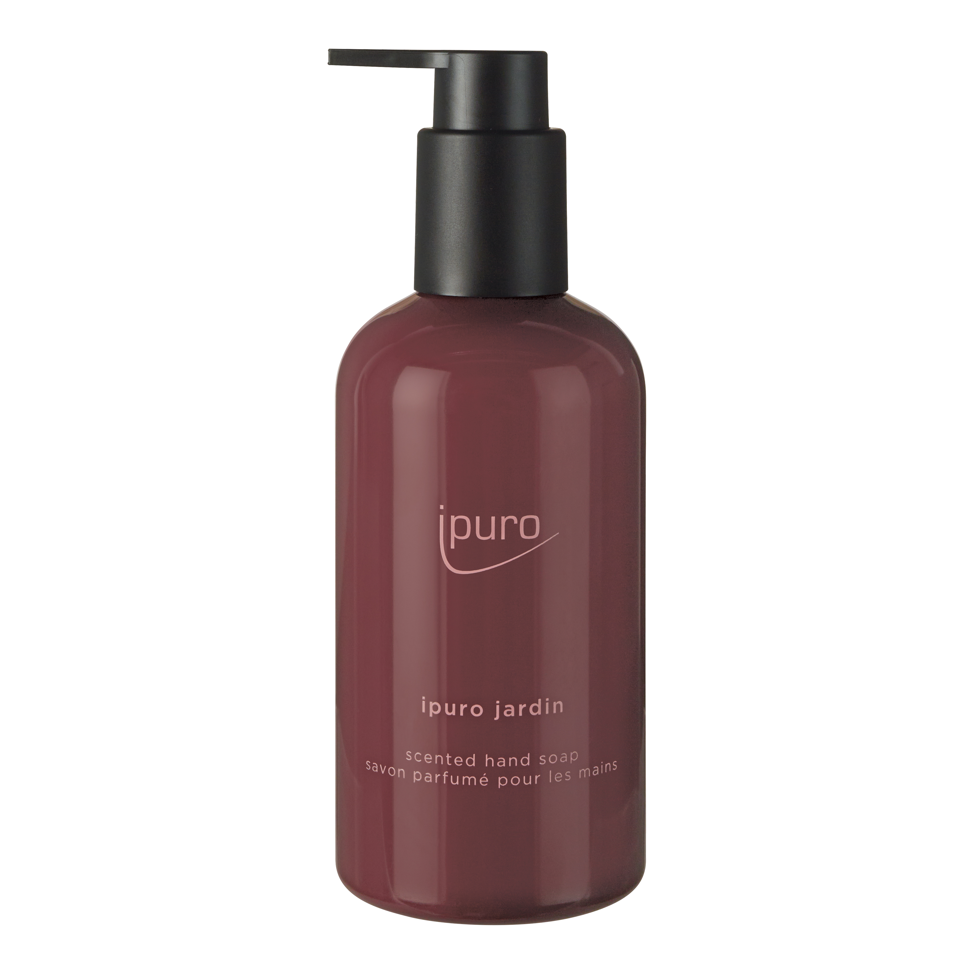 Eine kastanienbraune Pumpflasche von CLASSIC ipuro jardin Handseife von ipuro mit exotischen Blüten und fruchtigem Duft, weißem Text und schwarzem Spender ist auf einem schlichten Hintergrund abgebildet.