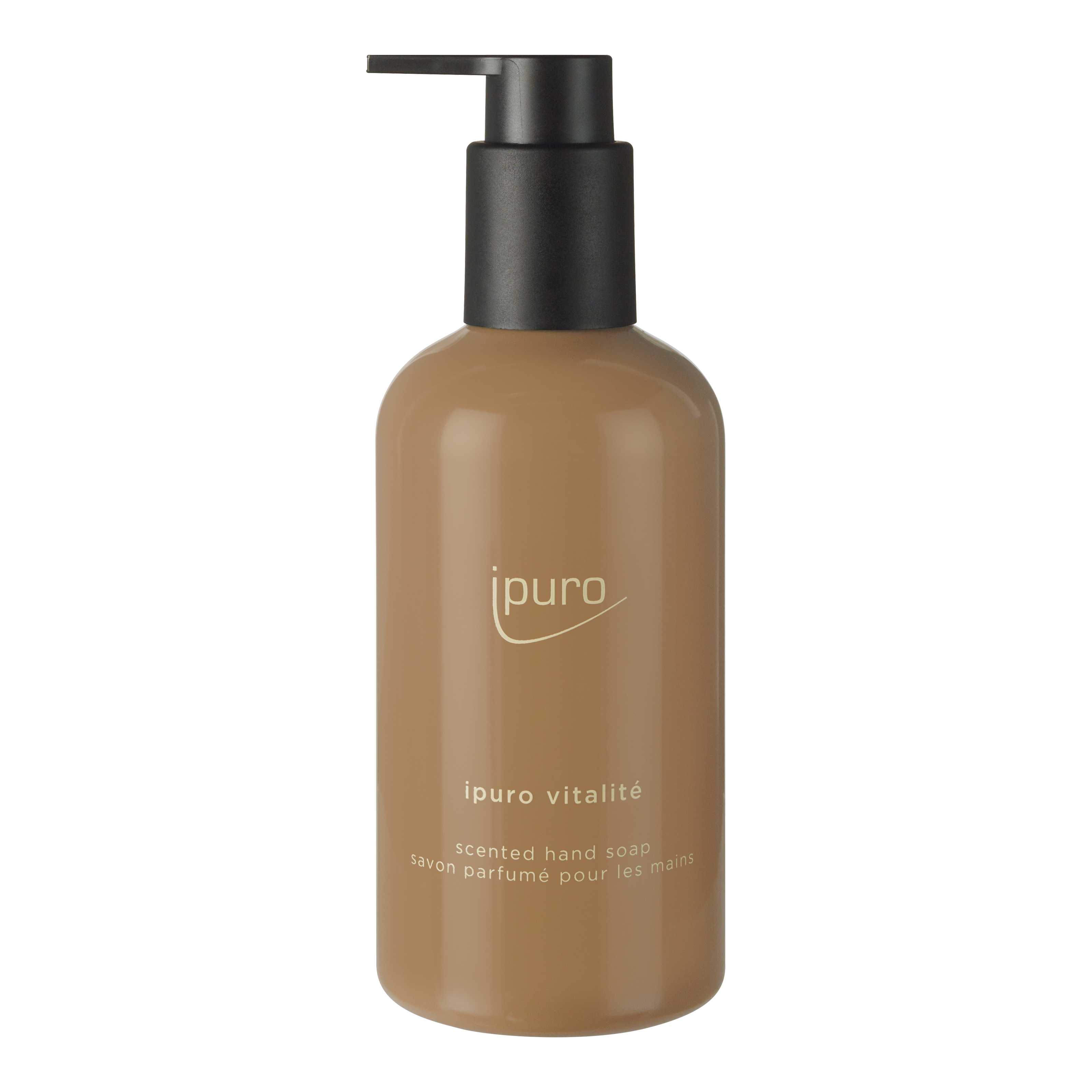 Eine braune Flasche CLASSIC ipuro vitalité Handseife von ipuro mit schwarzer Pumpe, weißer Schrift und Rosmarin Ingwer Duft für eine Wellness Atmosphäre.