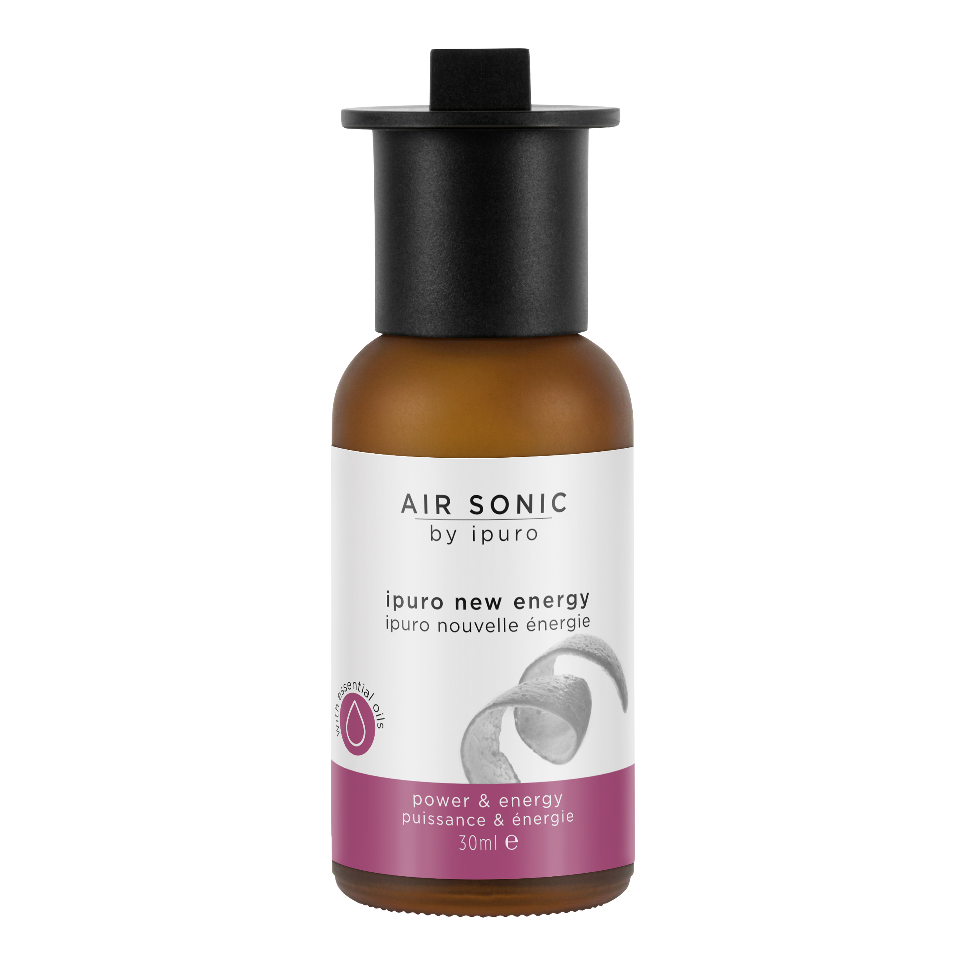 Die braune 30-ml-Flasche AIR SONIC ipuro new energy Duftöl von ipuro ist mit einem gewirbelten Etikett, einer schwarzen Kappe und einem lilafarbenen Bodenband versehen, das Kraft, Energie und den belebenden Duft von ätherischem Zitronenöl hervorhebt.