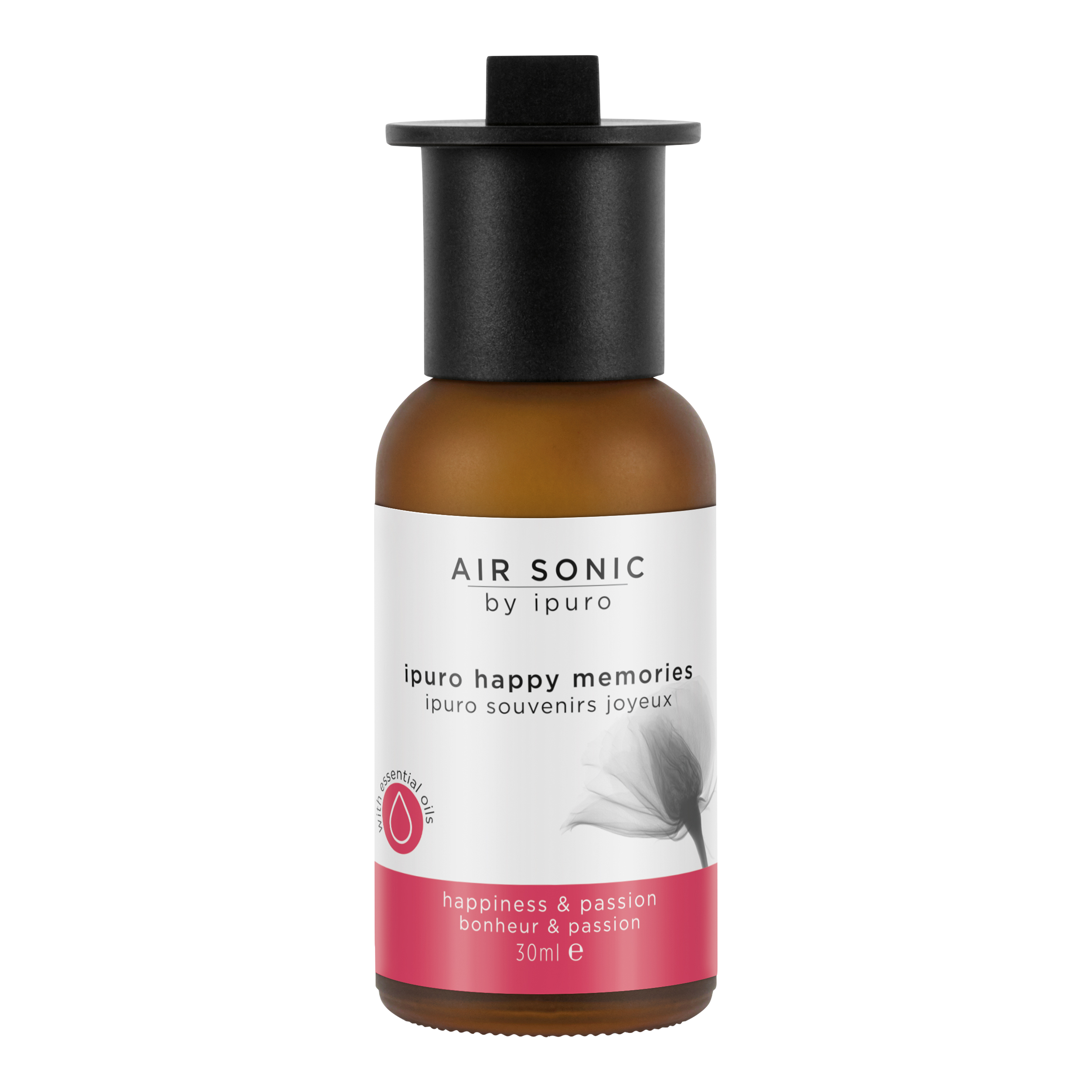 Eine kleine braune Flasche mit der Aufschrift AIR SONIC ipuro happy memories Duftöl von ipuro, mit natürlicher Dufttechnologie. Das weiß-rosa Etikett zeigt eine Blume mit dem Text "happiness & passion". Die Flasche hat eine schwarze Kappe.