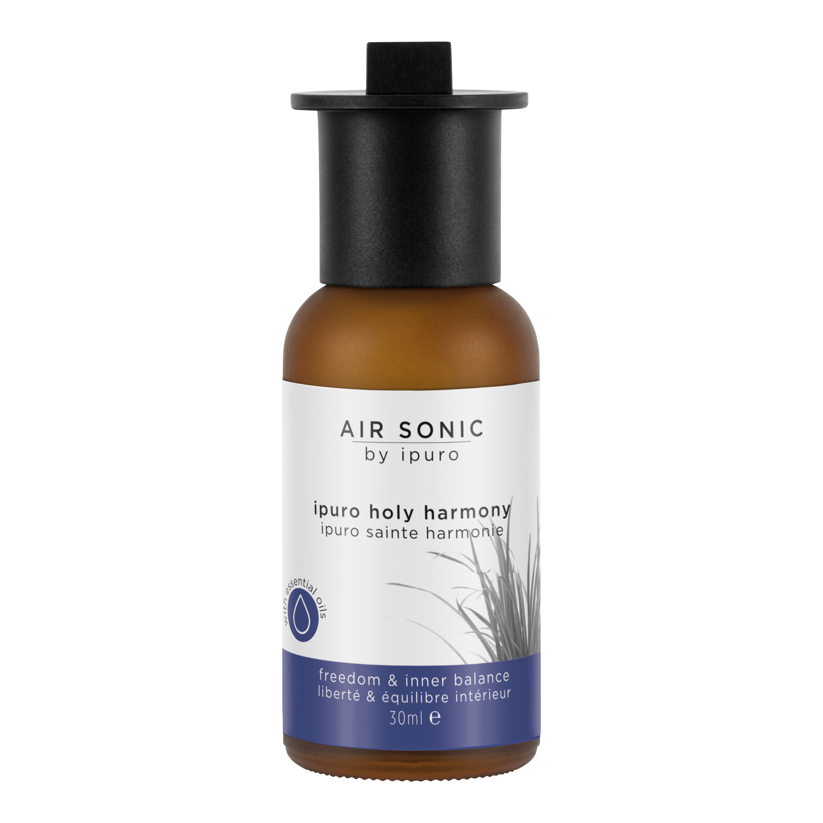 Ein 30ml Braunglasflakon von AIR SONIC ipuro holy harmony Duftöl von ipuro, mit schwarzem Verschluss und weißem Etikett mit schwarzem und blauem Text plus Grasgrafik; enthält Vetiver aus Haiti zur Harmonisierung der inneren Balance.