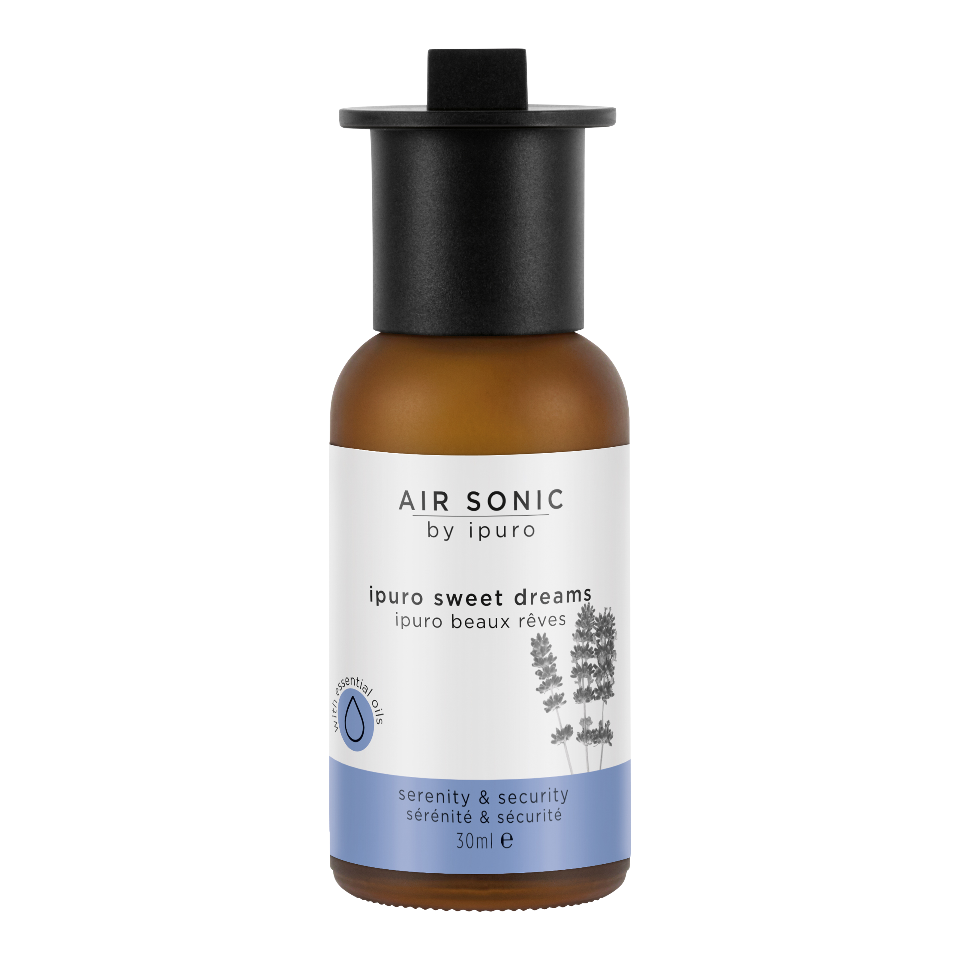 Eine kleine braune Flasche AIR SONIC ipuro sweet dreams Duftöl von ipuro, 30ml, hat einen schwarzen Verschluss und ein Etikett mit Lavendelbildern und dem Text: serenity & security, natürliche Dufttechnologie, Lavendel Duftöl.