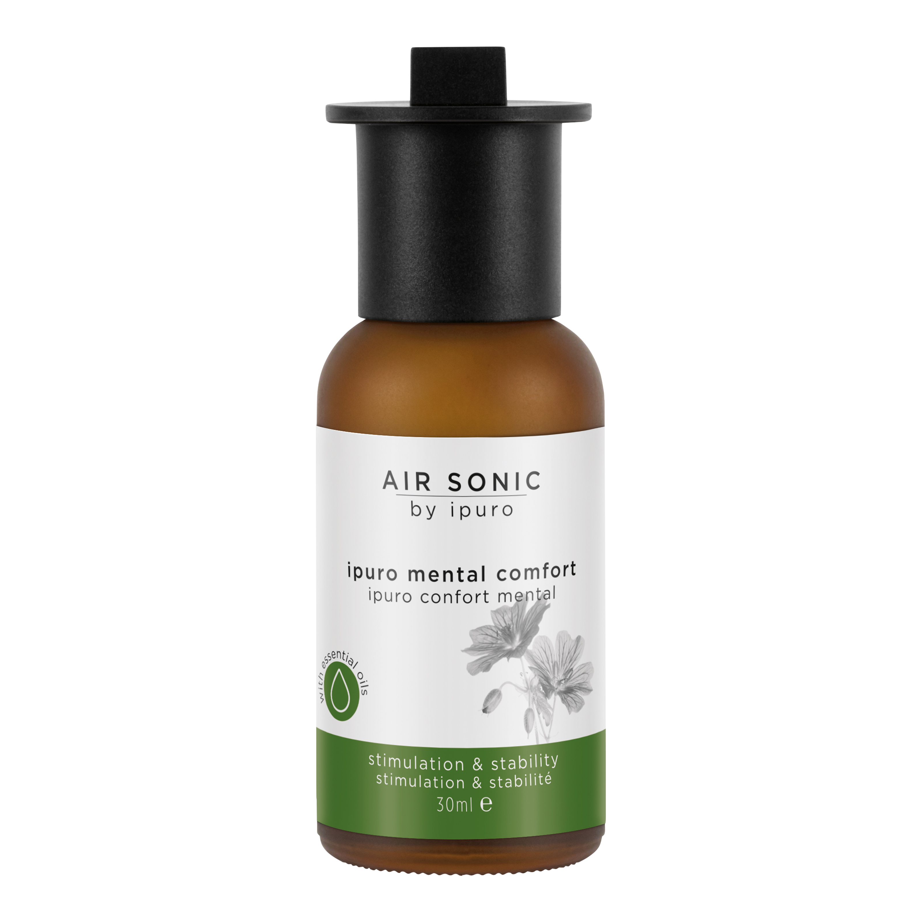 Das 30 ml AIR SONIC ipuro mental comfort Duftöl von ipuro kommt in einer braunen Flasche mit schwarzem Verschluss, Pflanzengrafik und grünem Etikett mit der Aufschrift "stimulation & stability" sowie dem Text "ipuro mental comfort".