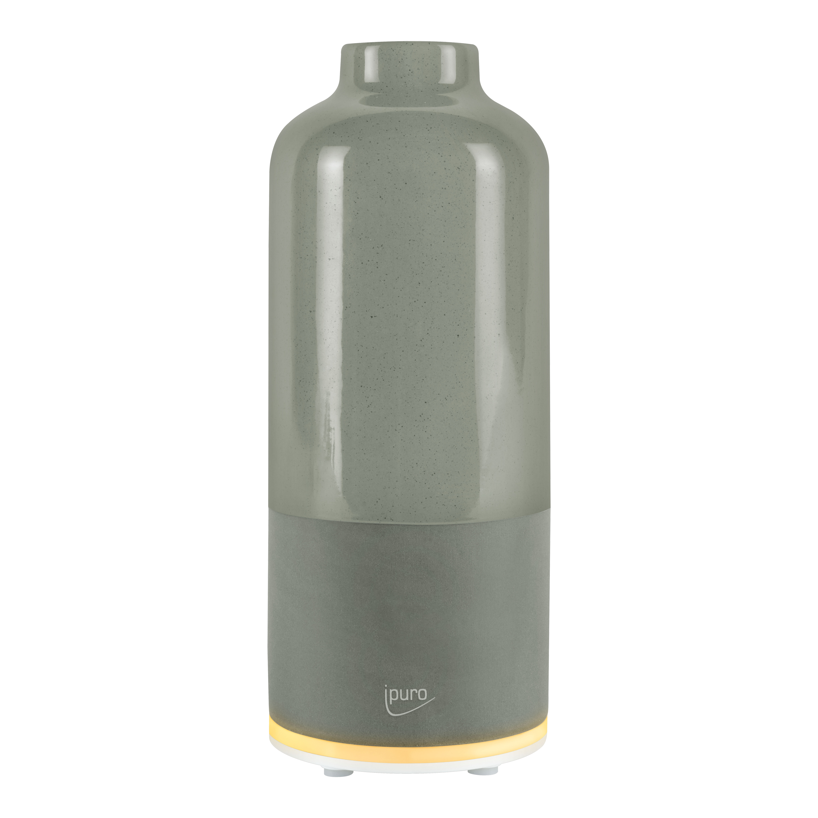 Der AIR SONIC ipuro aroma bottle Elektrischer Aroma-Diffusor ist ein moderner grauer, zylindrischer Diffusor mit mattem Finish, dem ipuro-Logo auf der Vorderseite, einem gelben Leuchtring am Boden und verwendet Ultraschalltechnologie für Duftöle.