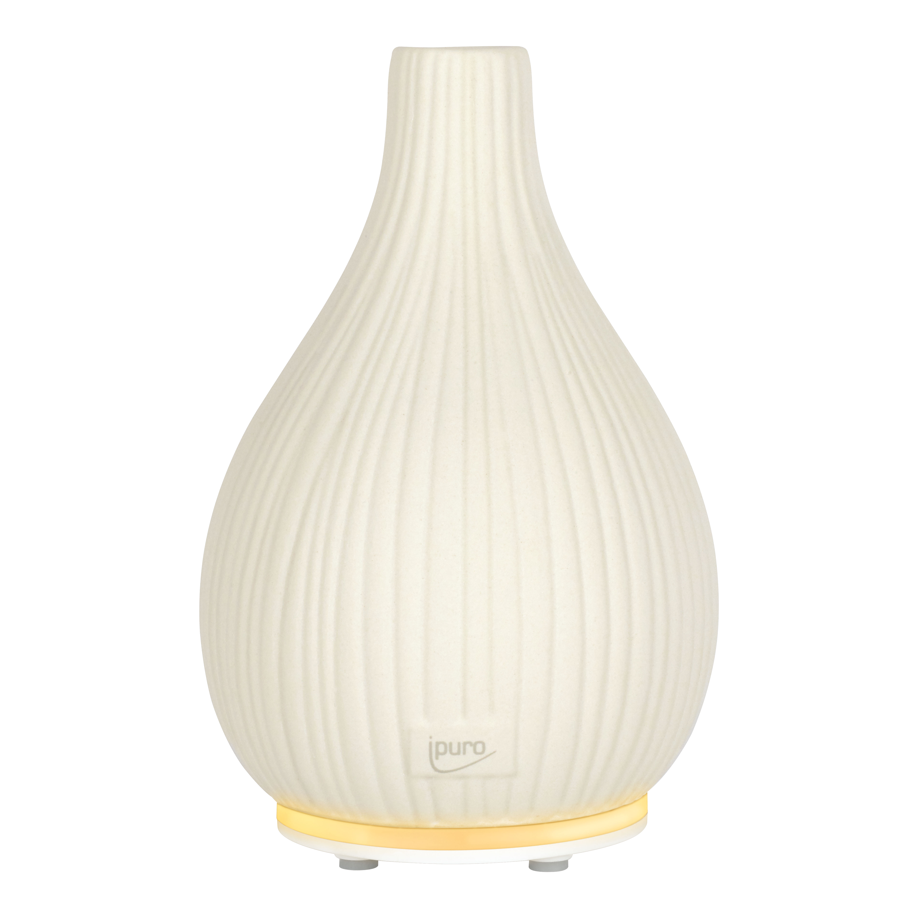 Die AIR SONIC ipuro Aroma-Vase Elektrischer Aroma-Diffusor von ipuro zeichnet sich durch ein cremefarbenes, geripptes Keramikdesign in Tropfenform, einen zartgelben Lichtring und ein dezentes Logo aus - ideal für Duftöle und zur Schaffung einer beruhigenden Atmosphäre.