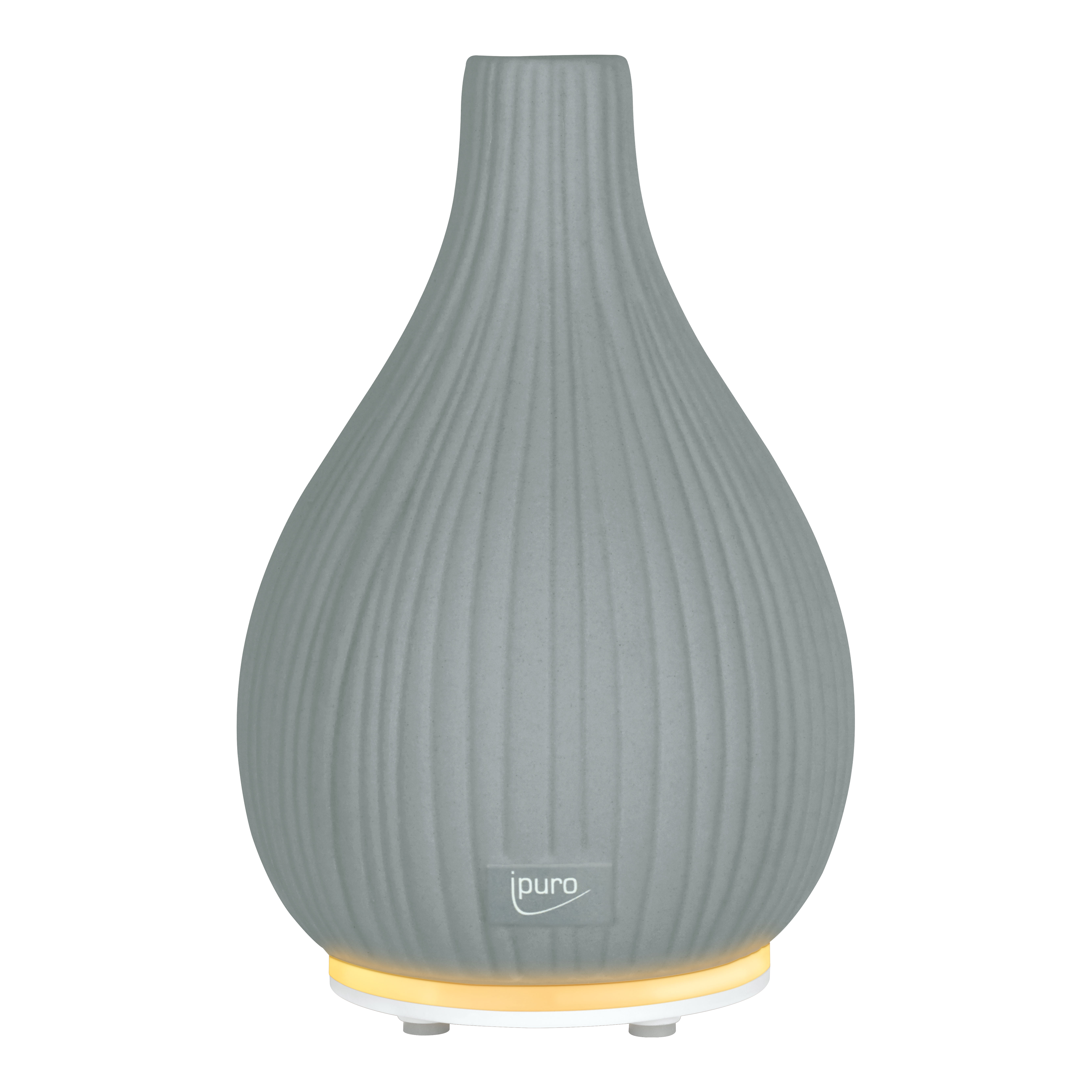 Die AIR SONIC ipuro Aroma-Vase Elektrischer Aroma-Diffusor von ipuro zeichnet sich durch eine graue gerippte Keramik-Tropfenform, ein kleines ipuro-Logo auf der Vorderseite und ein sanftes gelbes Grundlicht auf weißem Hintergrund aus.