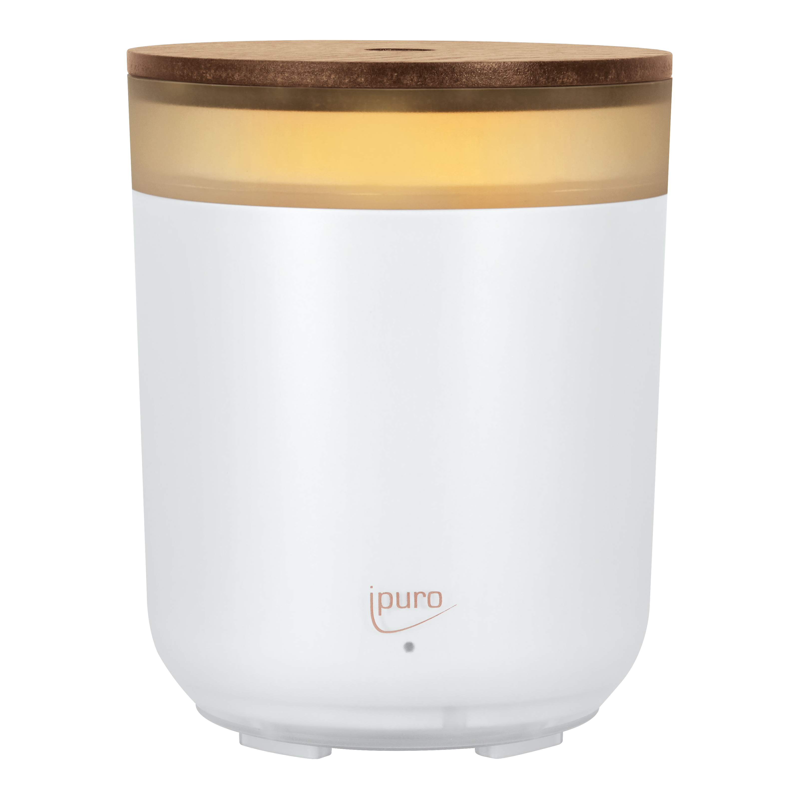 Der AIR SONIC ipuro Elektrischer Aroma-Diffusor von ipuro ist ein weißer, zylindrischer Diffusor mit einem Deckel in Holzoptik und orange-braunem Ring, der das ipuro-Logo trägt. Ideal für Duftöle zur Schaffung eines entspannenden Ambientes.