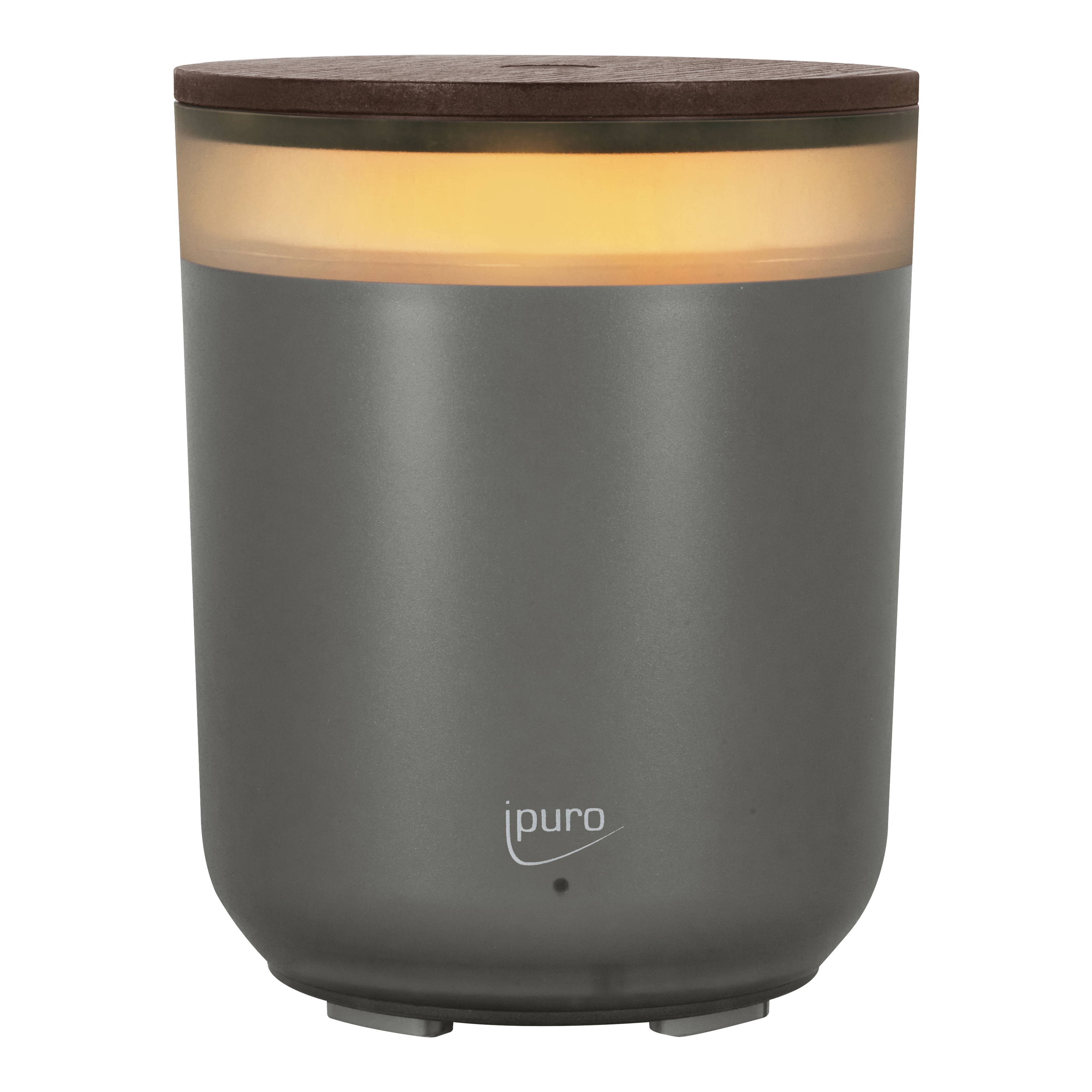 Der AIR SONIC ipuro Elektrischer Aroma-Diffusor von ipuro hat ein graues, zylindrisches Design mit dunkelbraunem Deckel, hellem Oberband und ipuro-Logo auf der Vorderseite - ideal für Duftöle, die jedem Raum einen modernen, minimalistischen Touch verleihen.