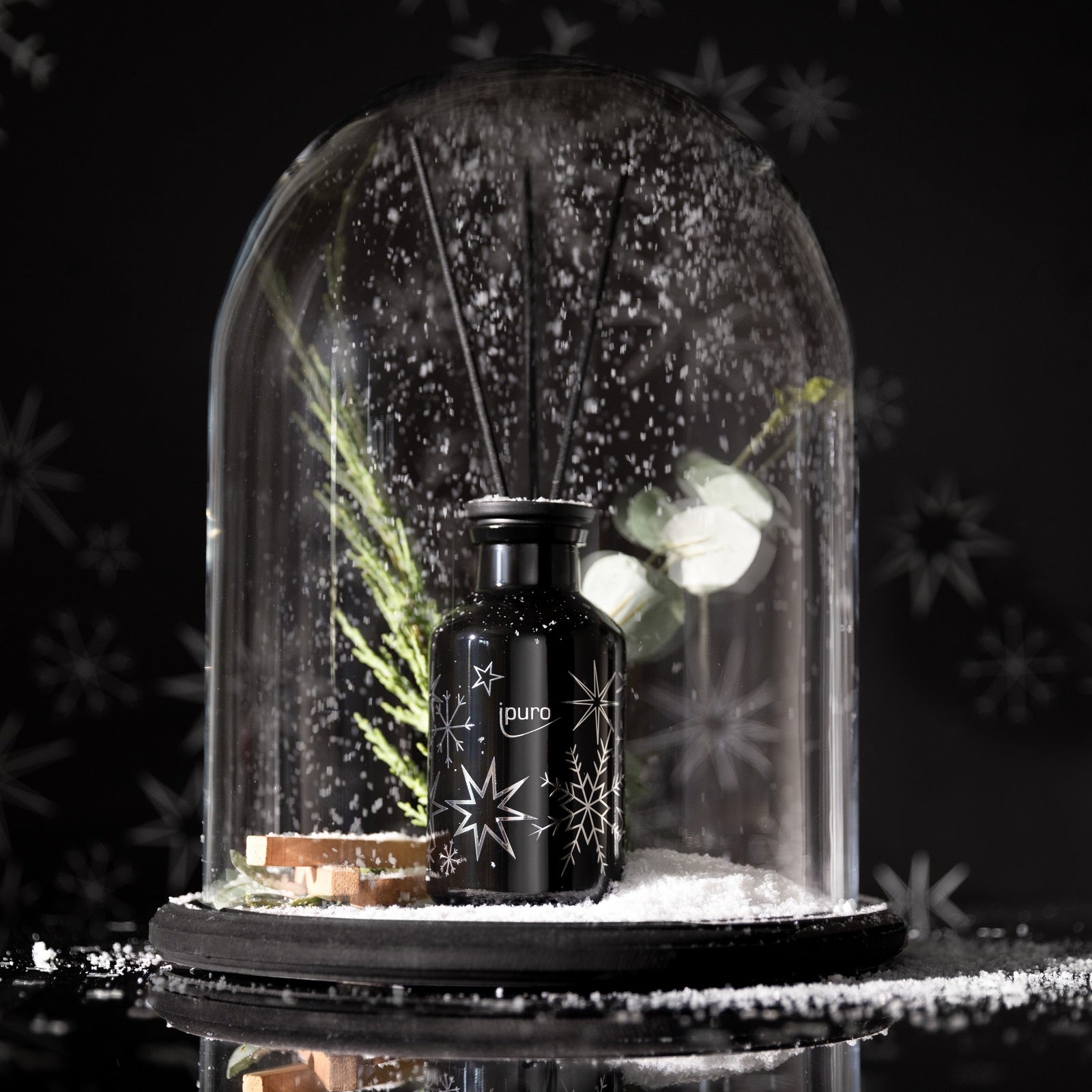 Eine schwarze ipuro-Flasche mit der Aufschrift "LIMITED EDITION ipuro frozen stardust Raumduft" steht auf einem runden Sockel, umgeben von Kunstschnee, Grünzeug und Holzstäben in einer Glaskuppel mit weißen Sternenmustern. Marke: ipuro.