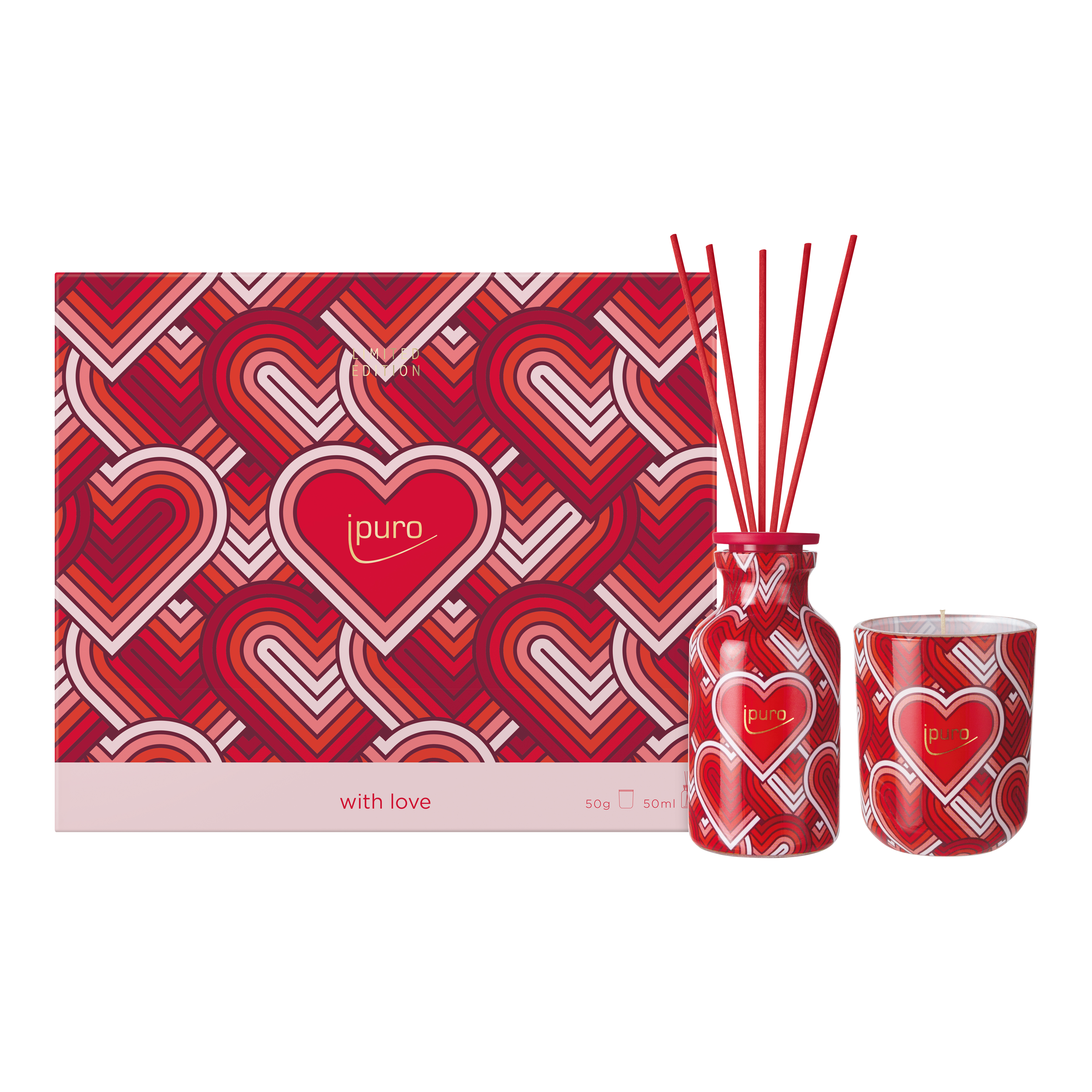 Das LIMITED EDITION ipuro with love Geschenk-Set von ipuro besteht aus einer Dose mit Herzmotiv, einem Raumduft-Diffusor mit roten Stäbchen und einer Duftkerze - allesamt mit auffälligen Herzen - und ist perfekt geeignet, um ein warmes, duftendes Ambiente zu schaffen.