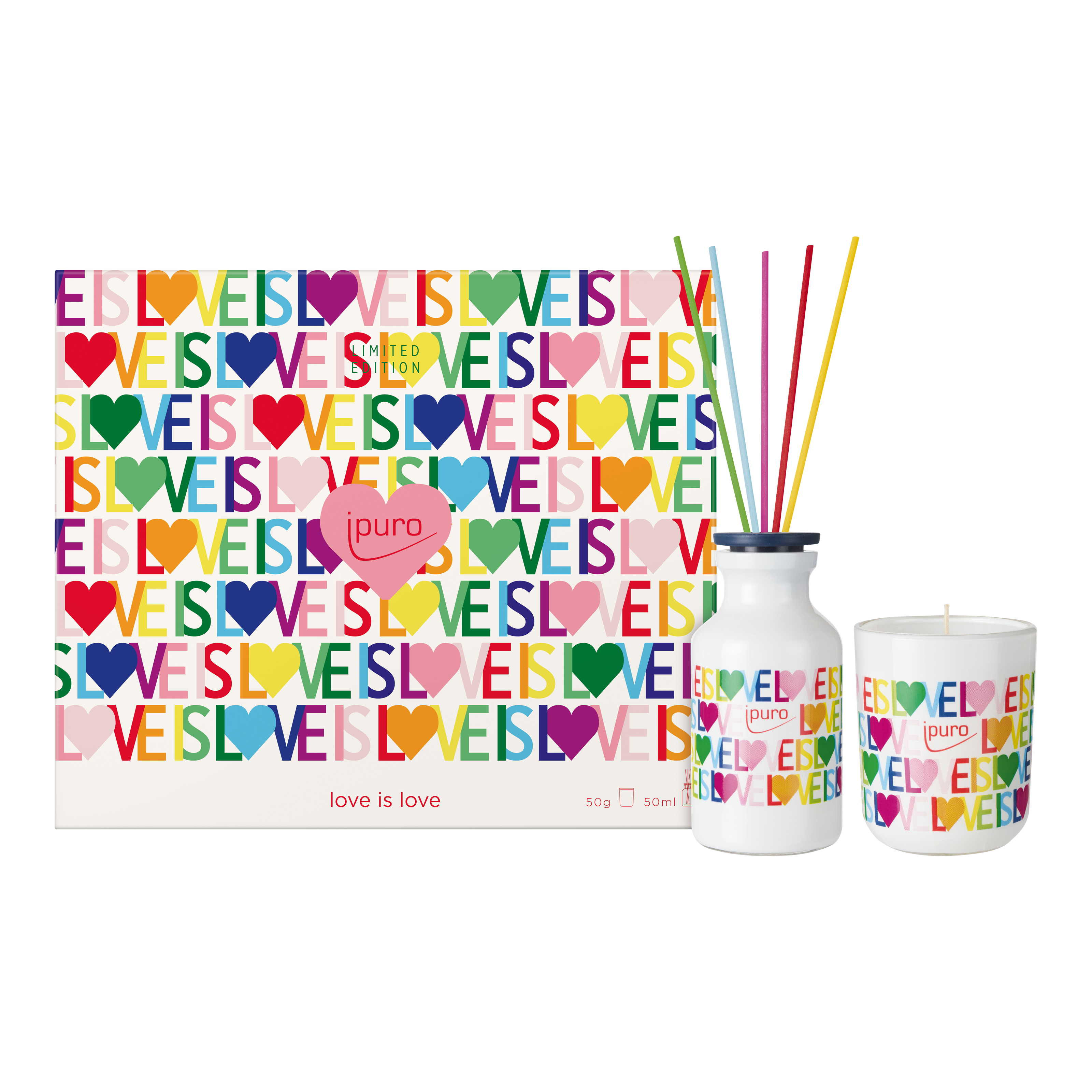 Das LIMITED EDITION ipuro love is love Geschenkset von ipuro besteht aus einer Dose, einer Kerze mit Vanille Gourmand Duft und einem Diffusor - alle verziert mit dem farbenfrohen LOVE IS LOVE Schriftzug und Regenbogenherzen, die den LGBTQ+ Stolz feiern.