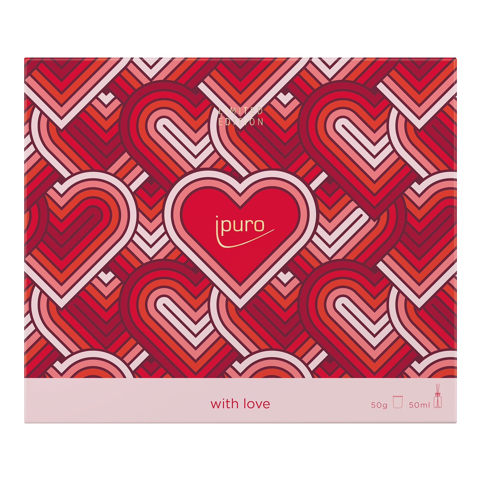 Das LIMITED EDITION ipuro with love Geschenk-Set von ipuro kommt in einer herzförmigen Box mit der Aufschrift "with love" und enthält einen Raumduft (50ml) oder eine Duftkerze (50g) mit blumigem Duft.