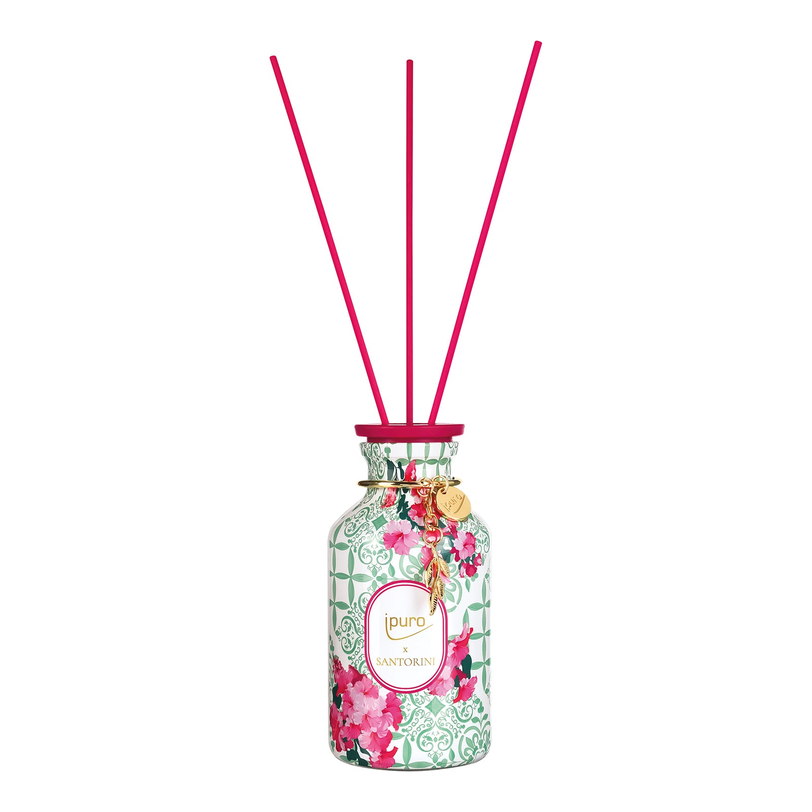Die LIMITED EDITION ipuro santorini Raumduft von ipuro präsentiert sich in einer floral gemusterten Flasche mit goldenen Akzenten und drei leuchtend rosafarbenen Stäbchen. Genießen Sie den erfrischenden Santorin Duft mit dezenten Noten von weißem Moschus.
