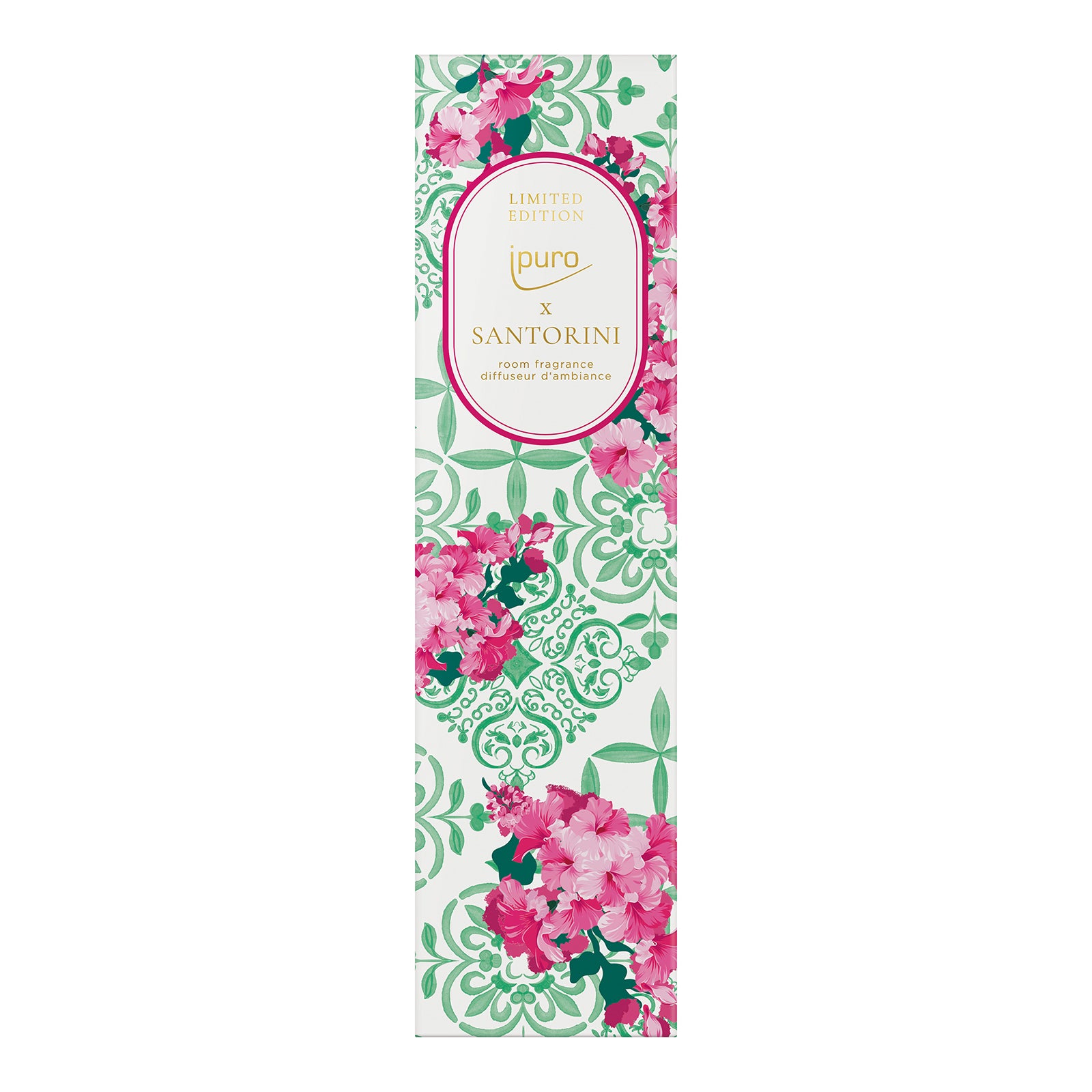 Hohe rechteckige Schachtel mit rosa und grünem Blumenmuster, mit einem runden Etikett mit der Aufschrift "LIMITED EDITION ipuro santorini Raumduft" von ipuro und mit dem exquisiten Santorin-Duft.