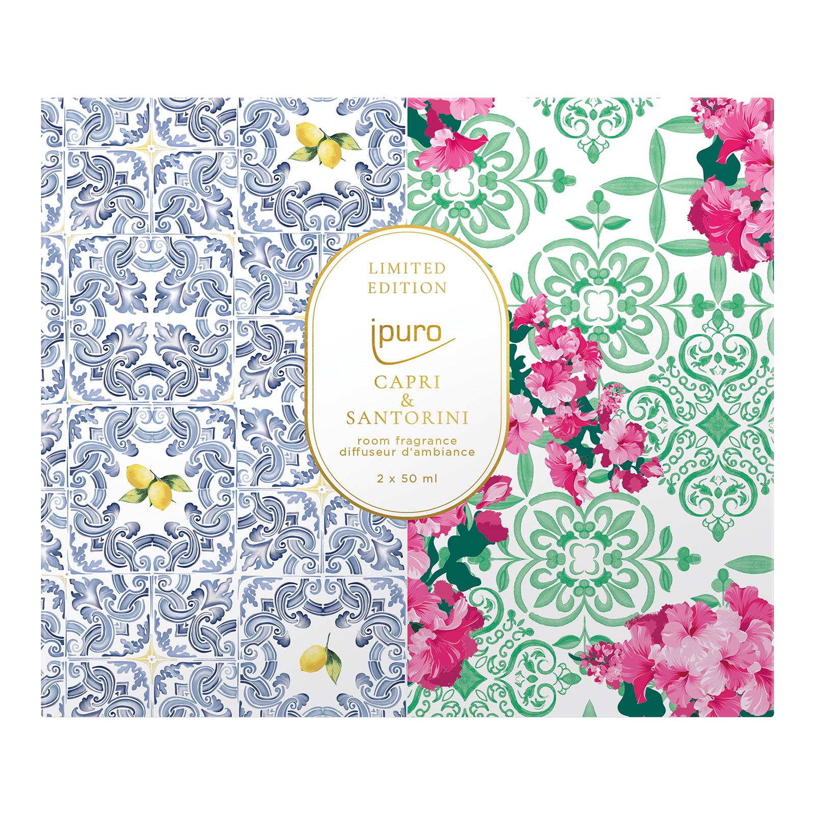Die LIMITED EDITION des ipuro capri & santorini Raumduft-Sets zeigt auf der linken Seite ein blaues Kachel- und Zitronenmuster, auf der rechten Seite ein grünes, rosafarbenes Blumenmuster und in der Mitte ein goldumrandetes Etikett mit der Marke ipuro.