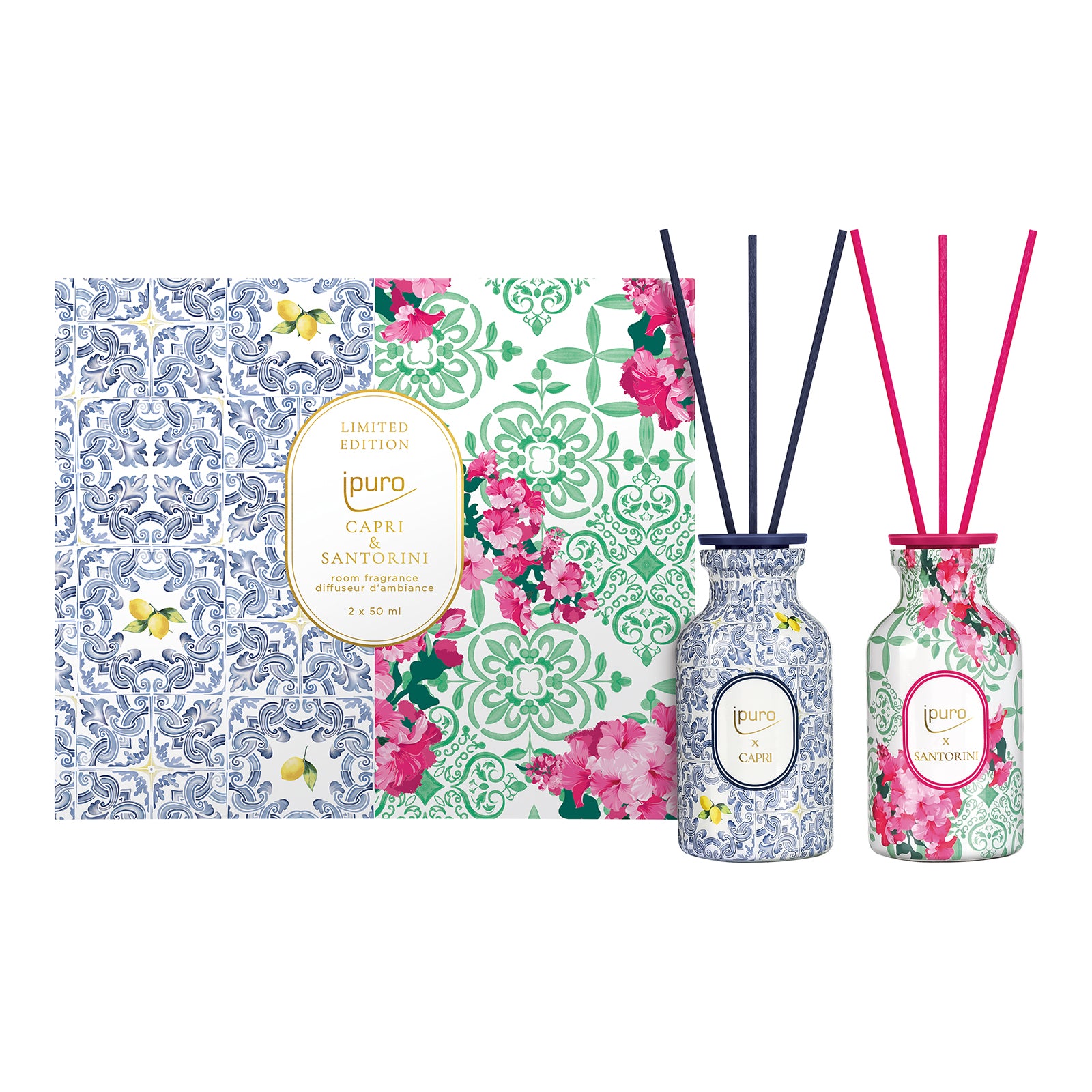 Das LIMITED EDITION ipuro capri & santorini Raumduft-Set von ipuro enthält zwei Rohrdüsen in einer blauen, grünen und rosa Blumenbox. Die Düfte Capri und Santorini fangen die Essenz des Inselparfüms ein.