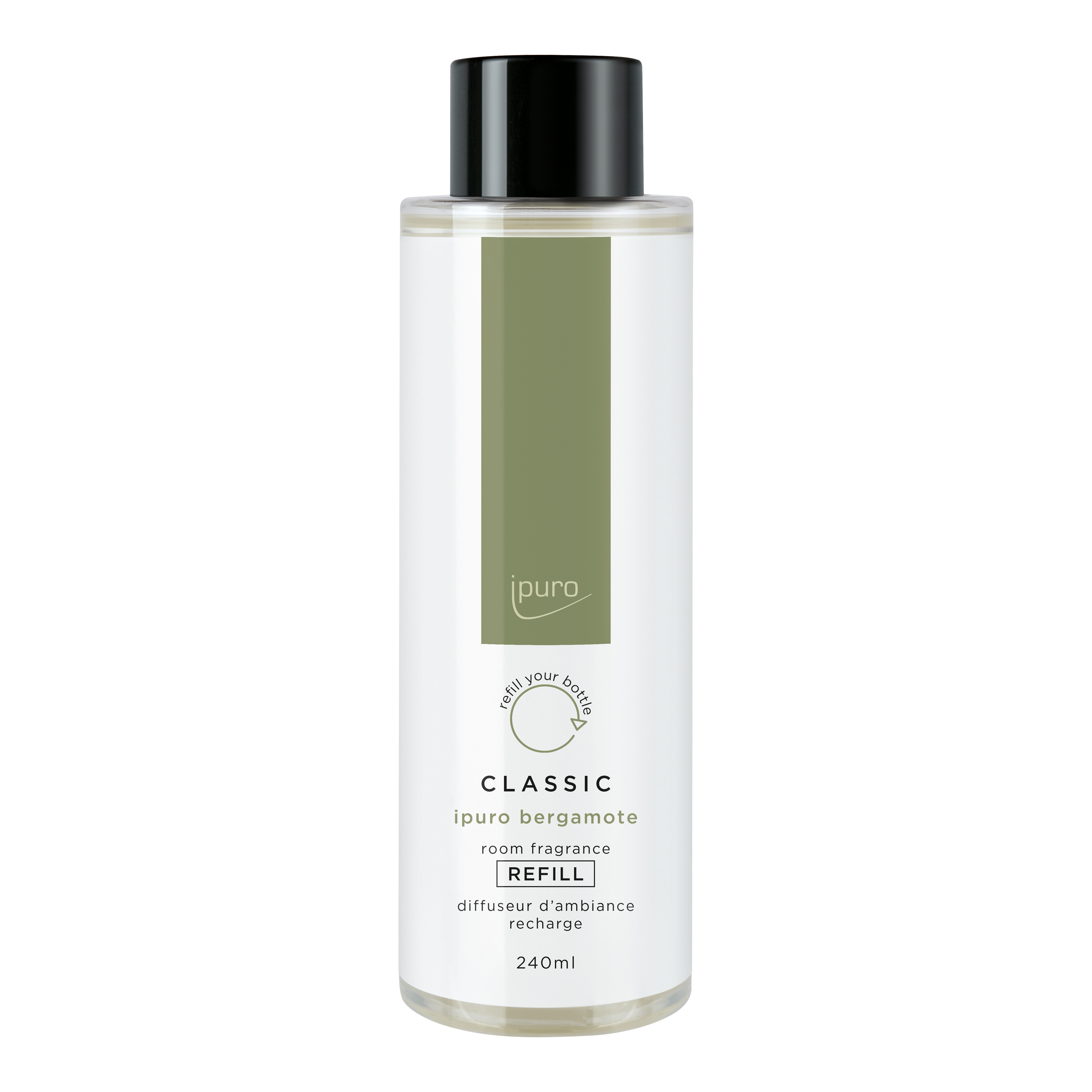 Die 240-ml-Flasche aus klarem Kunststoff mit schwarzem Verschluss und der Aufschrift ipuro CLASSIC ipuro bergamote Raumduft-Nachfüller zeichnet sich durch ein minimalistisches Design mit grünem Streifen aus und bietet asiatische Frische und grüne Limetten-Noten.