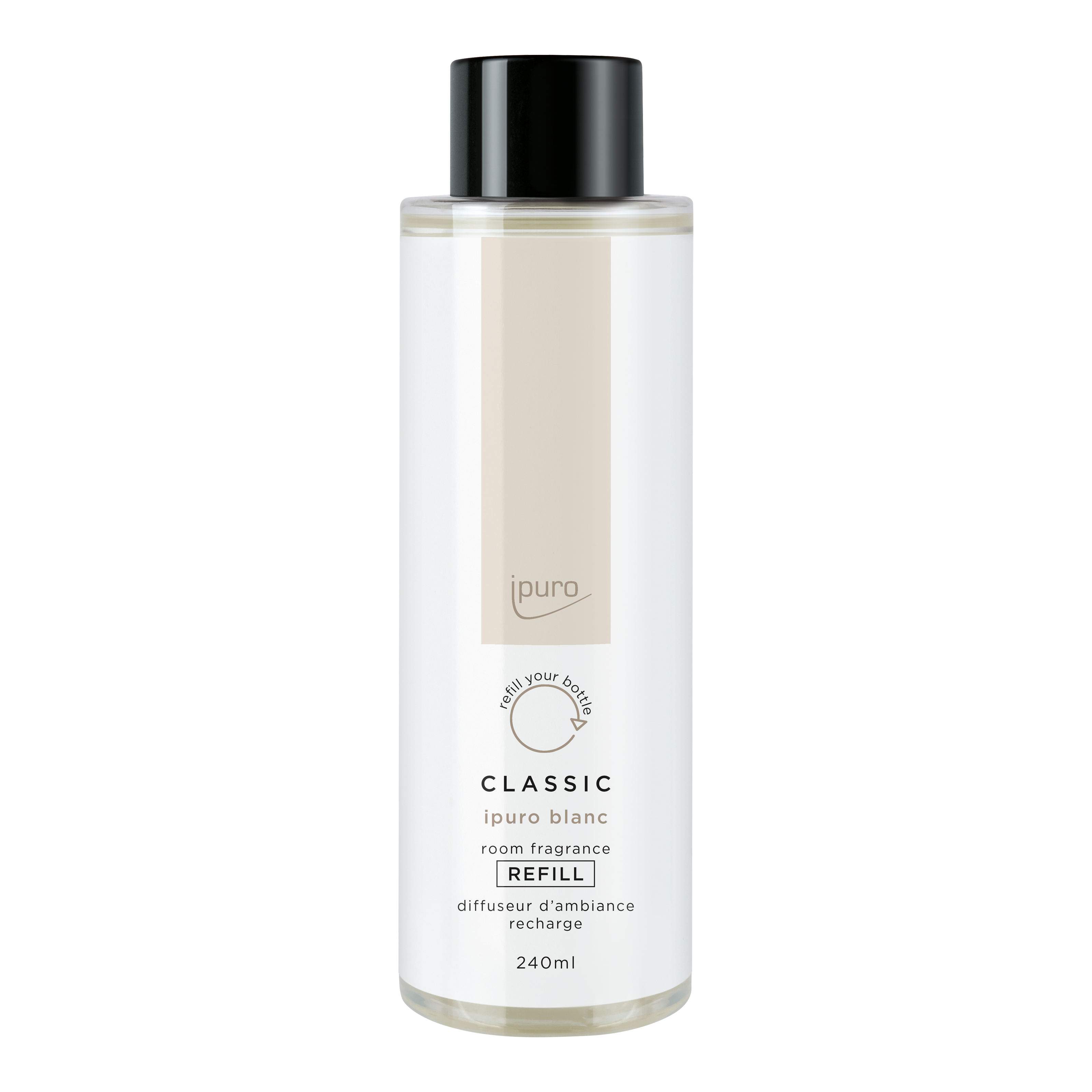Der ipuro CLASSIC blanc Raumduft-Nachfüller ist eine 240ml-Klarsichtflasche mit schwarzem Verschluss und weißem Etikett mit englischer und französischer Aufschrift. Er mischt frische Minze mit eleganten Sandelholznoten.