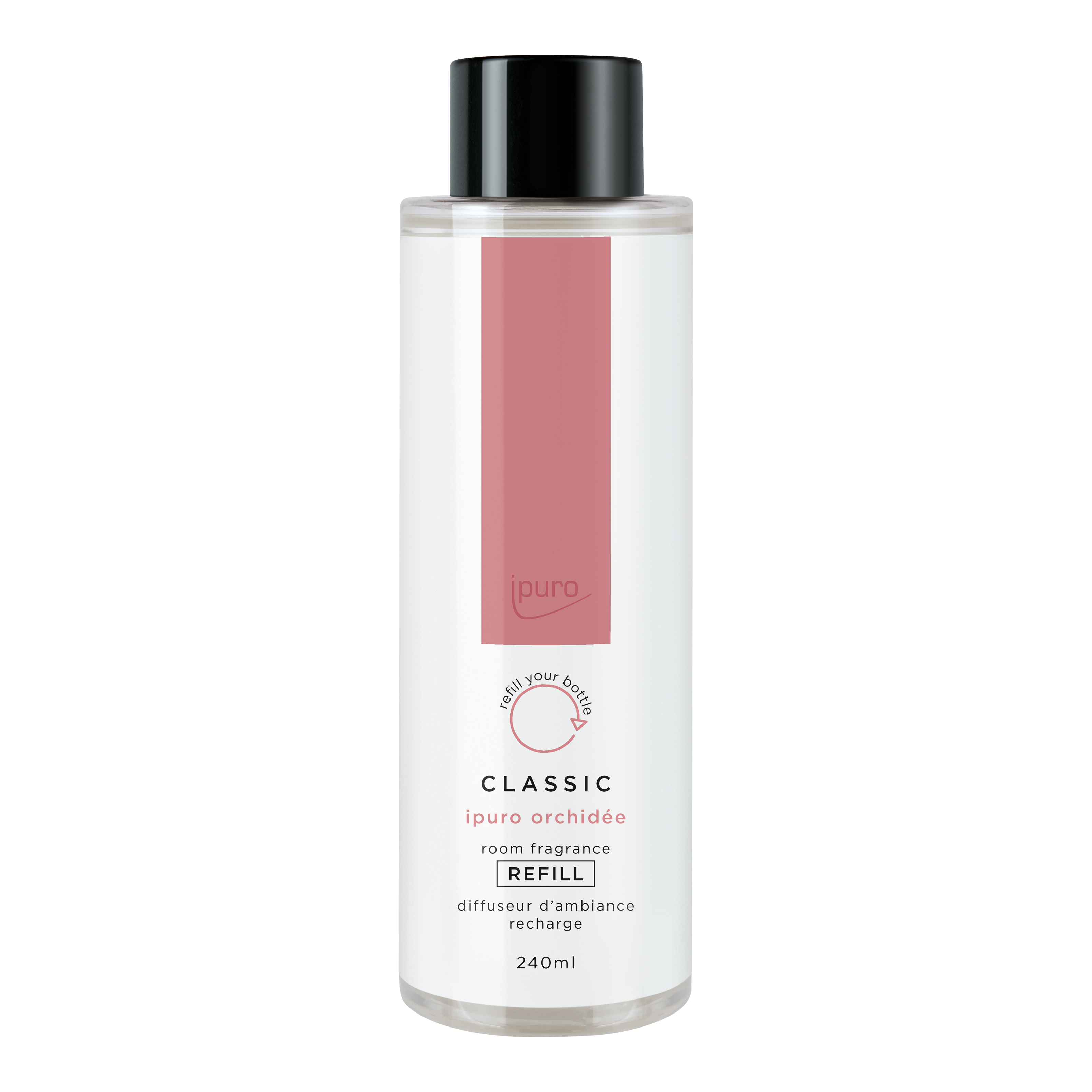 Der ipuro CLASSIC orchidée Raumduft-Nachfüller, ein 240ml klarer Flakon mit schwarzem Verschluss und rosa Akzenten, bietet einen frischen, eleganten Duft mit sanften Maiglöckchen-Noten für Ihr Zuhause.