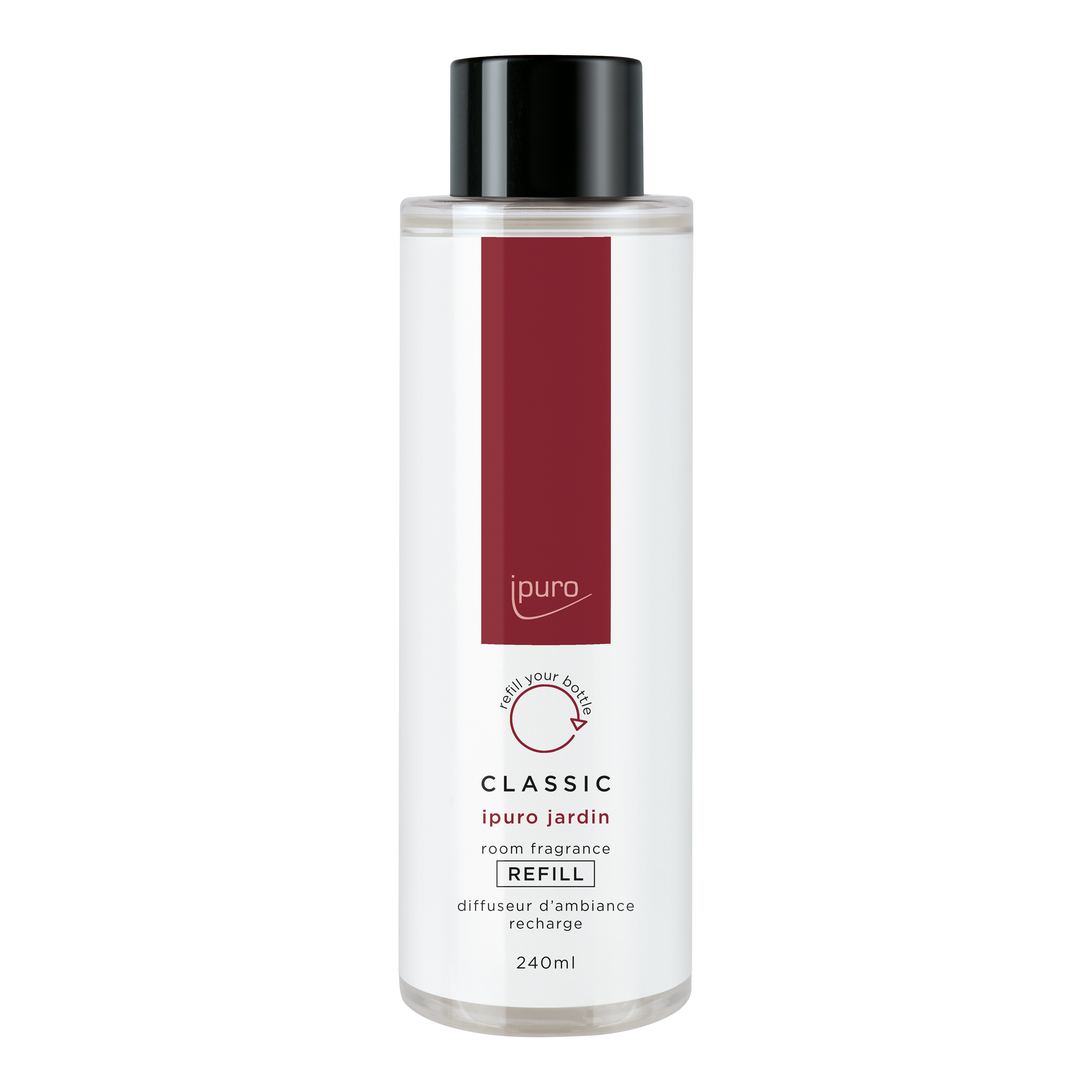 Der CLASSIC ipuro jardin Raumduft-Nachfüller von ipuro kommt in einer transparenten 240ml-Flasche mit schwarzem Verschluss und einem minimalistischen weißen Etikett mit rotem Streifen, das exotische Blüten- und Magnoliennoten hervorhebt.