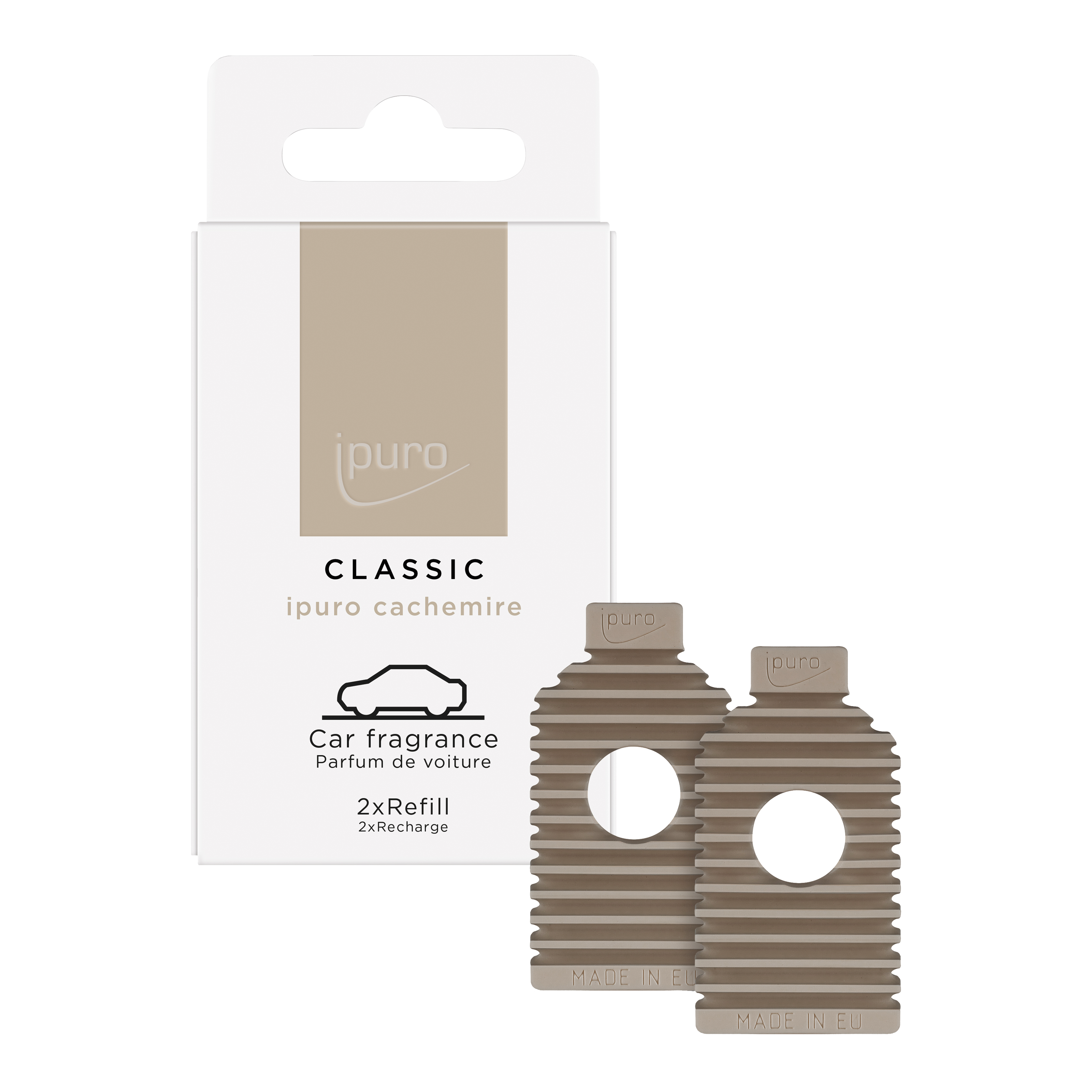Zwei gerippte beigefarbene ipuro CLASSIC ipuro cachemire Autoduft Nachfüllpacks mit bernsteinfarbenen Noten stehen vor einer weißen Schachtel mit der Aufschrift "ipuro", mit "2xRefill" und einem einfachen Autoumriss auf der Verpackung.